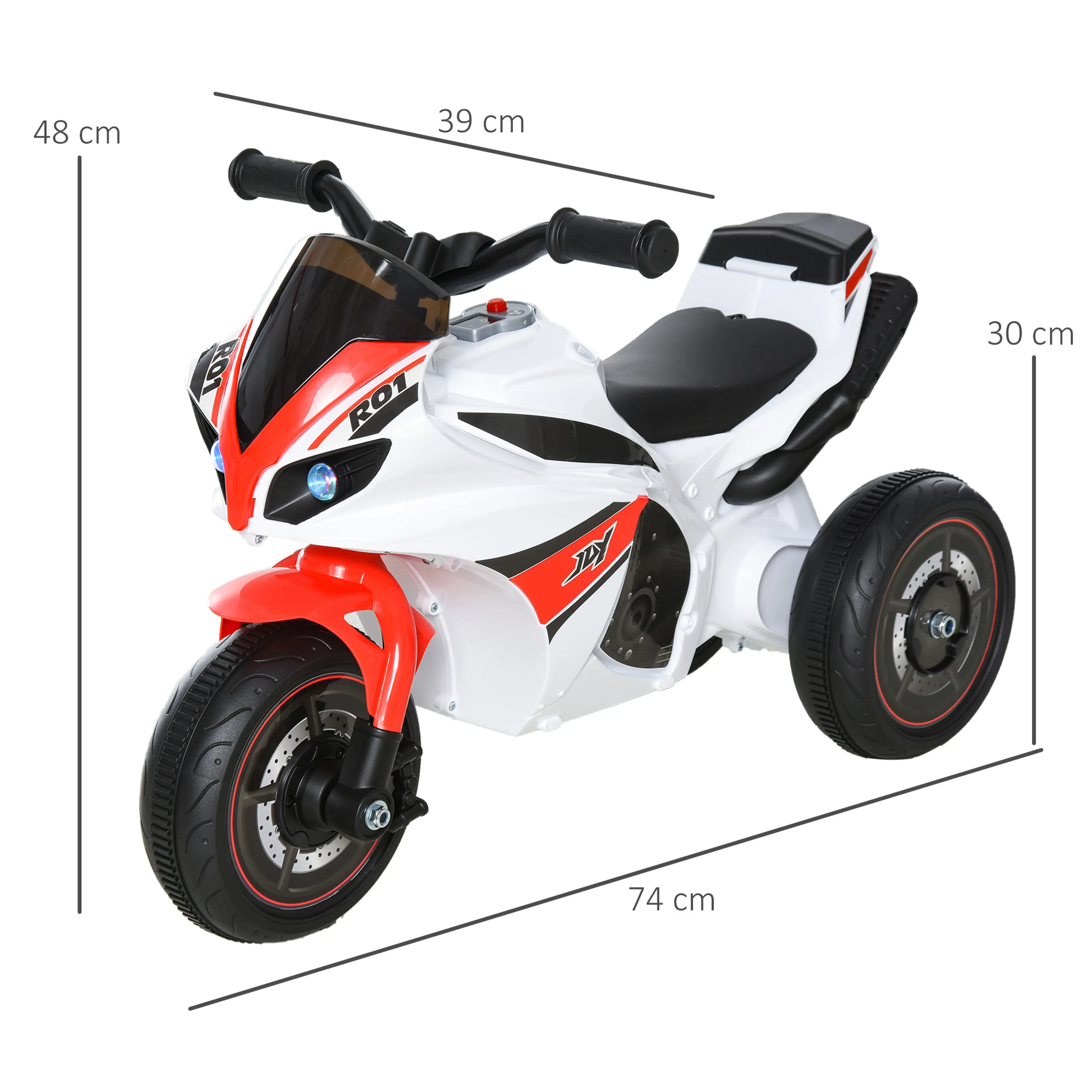 Måttskiss på sparkfordonet med 74 cm längd, 39 cm bredd, 48 cm höjd och sitsen 30 cm över marken