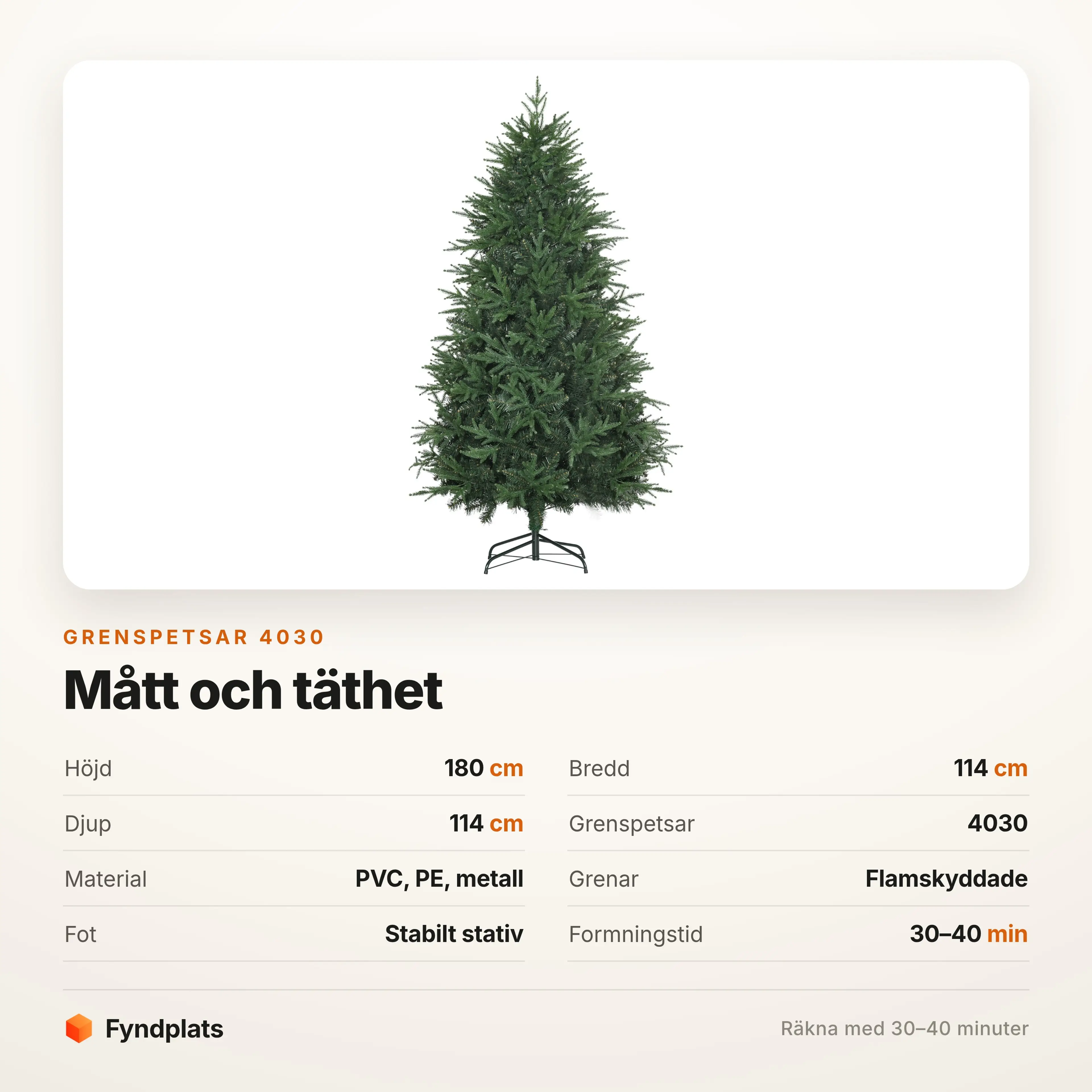 Specifikation: 180 cm hög, 114 cm bred, 4030 grenspetsar