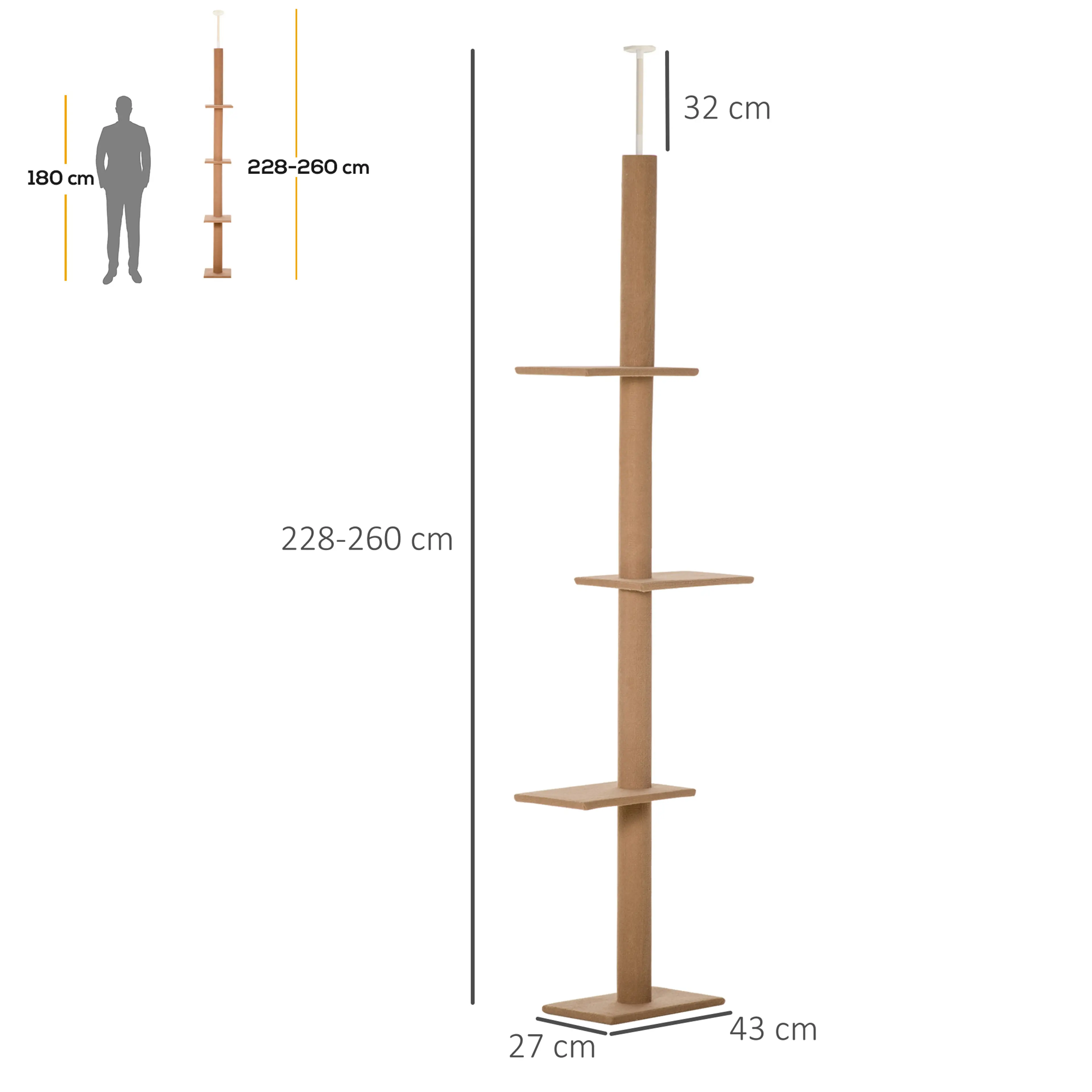 Måttskiss: 43 × 27 cm golvyta, 228–260 cm höjd och 32 cm justerbart spännrör, jämförd med en person på 180 cm