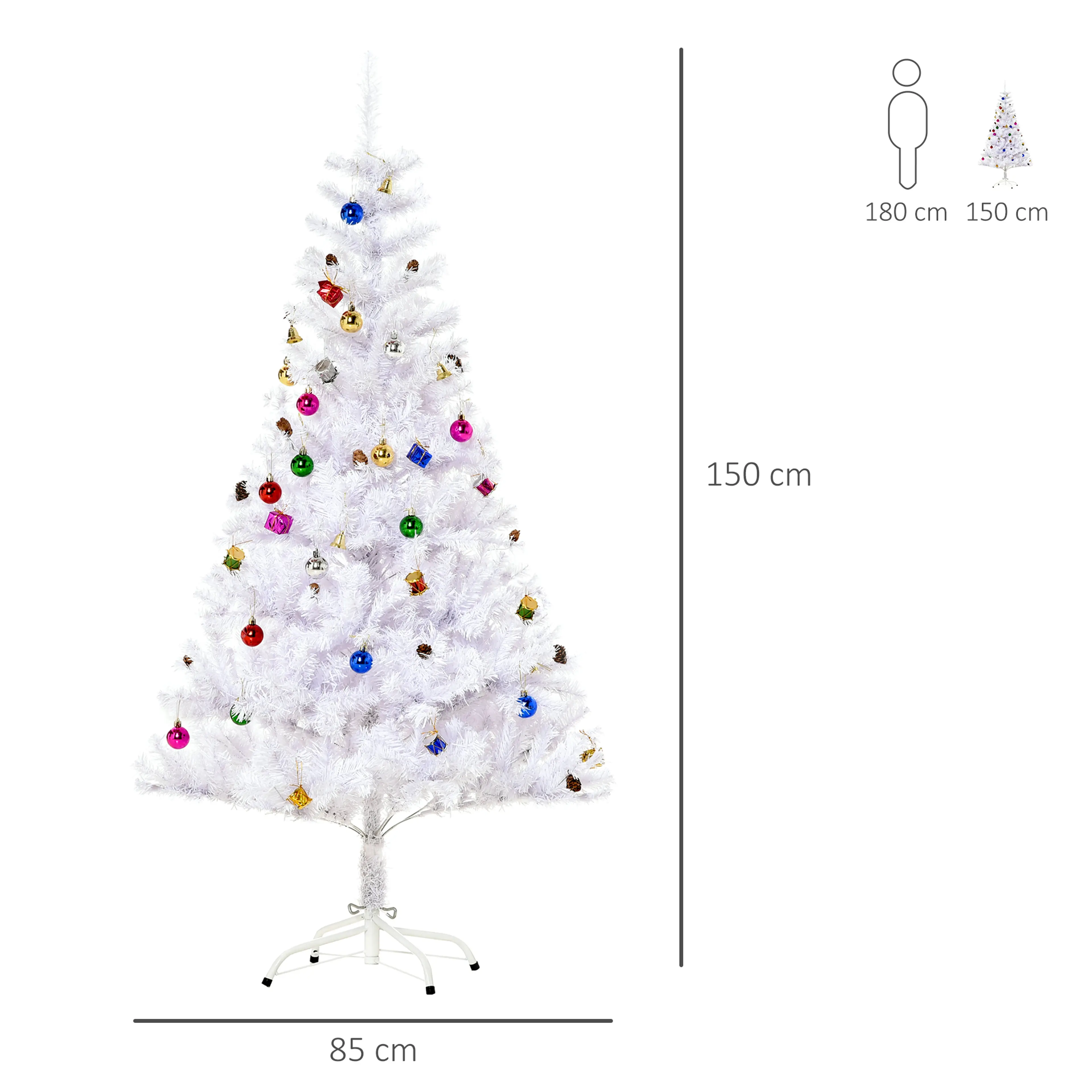 Måttbild med granens höjd 150 cm och bredd 85 cm bredvid siluetten av en person
