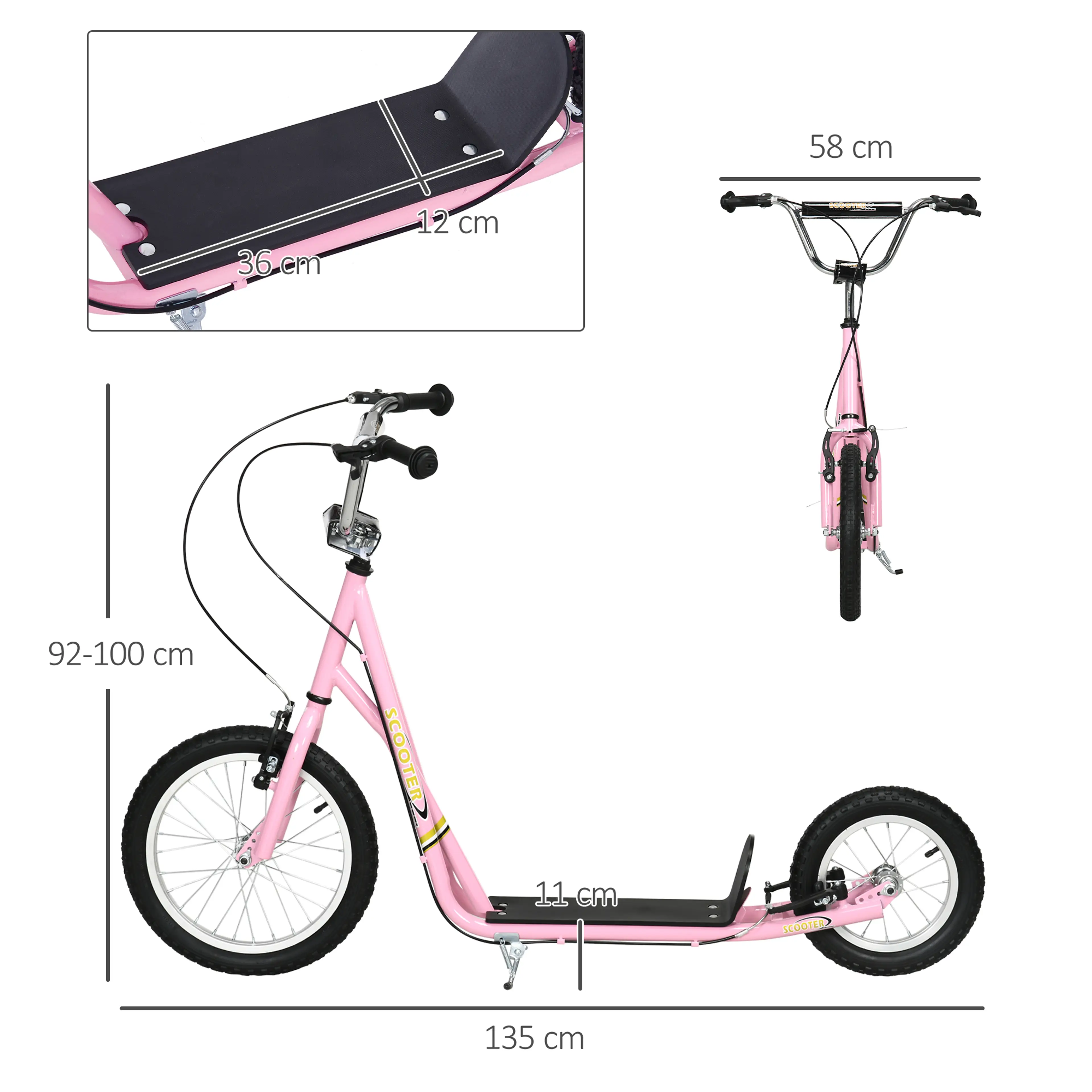 Måttskiss: 135 cm lång, 58 cm bred och styre 92–100 cm