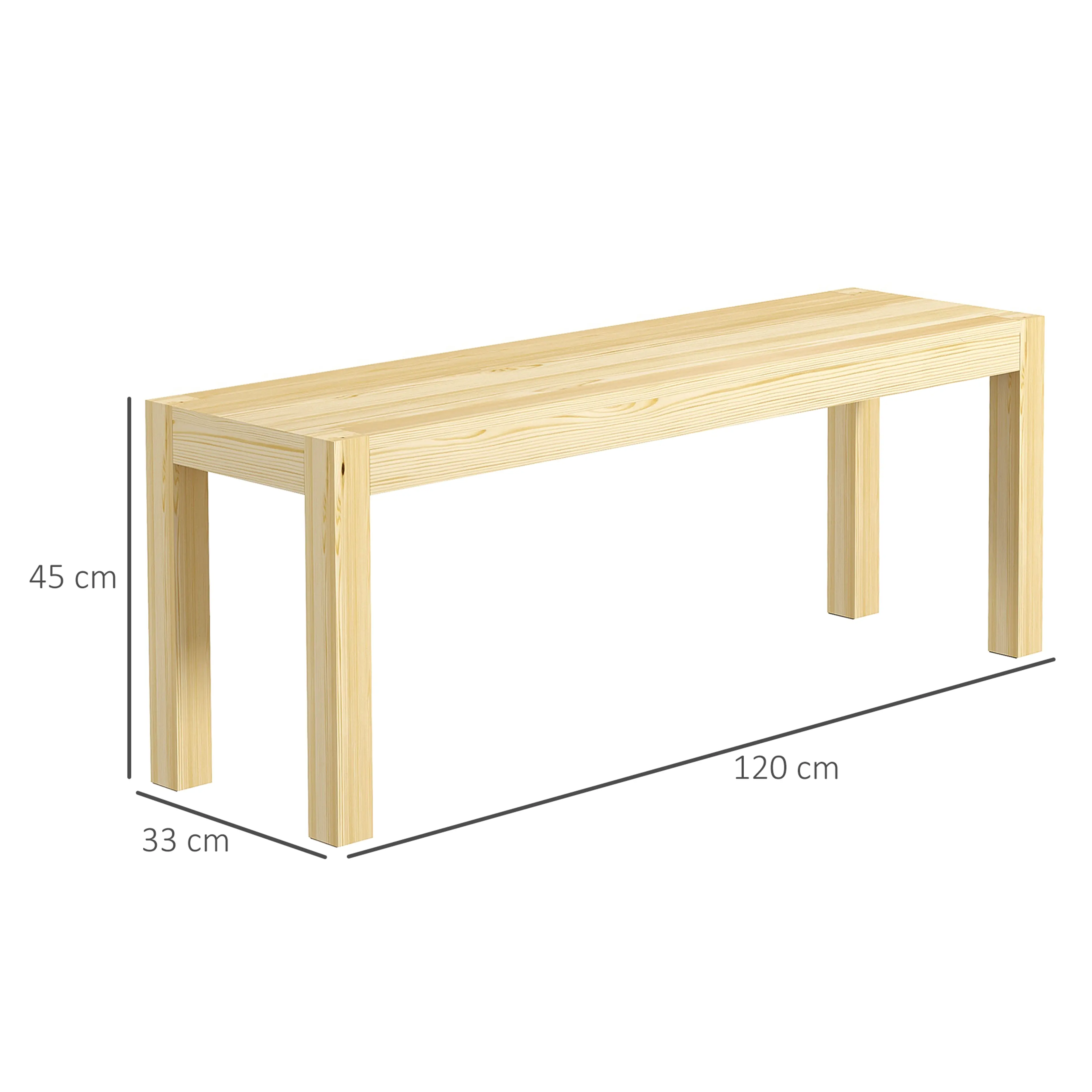 Måttskiss: bänken 120 cm lång, 33 cm djup och 45 cm hög