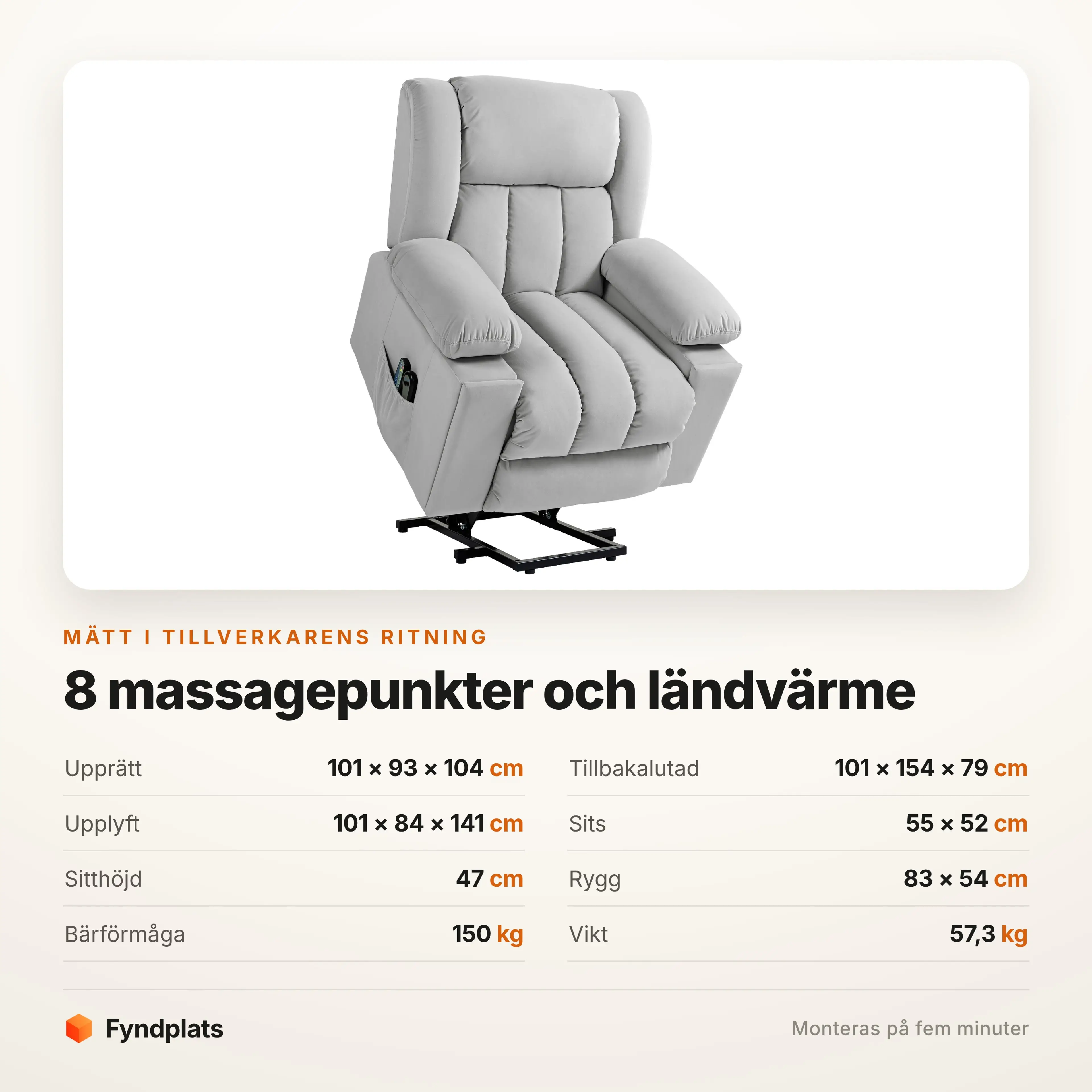 Specifikationer: 101 × 93 × 104 cm, 8 massagepunkter, bär 150 kg