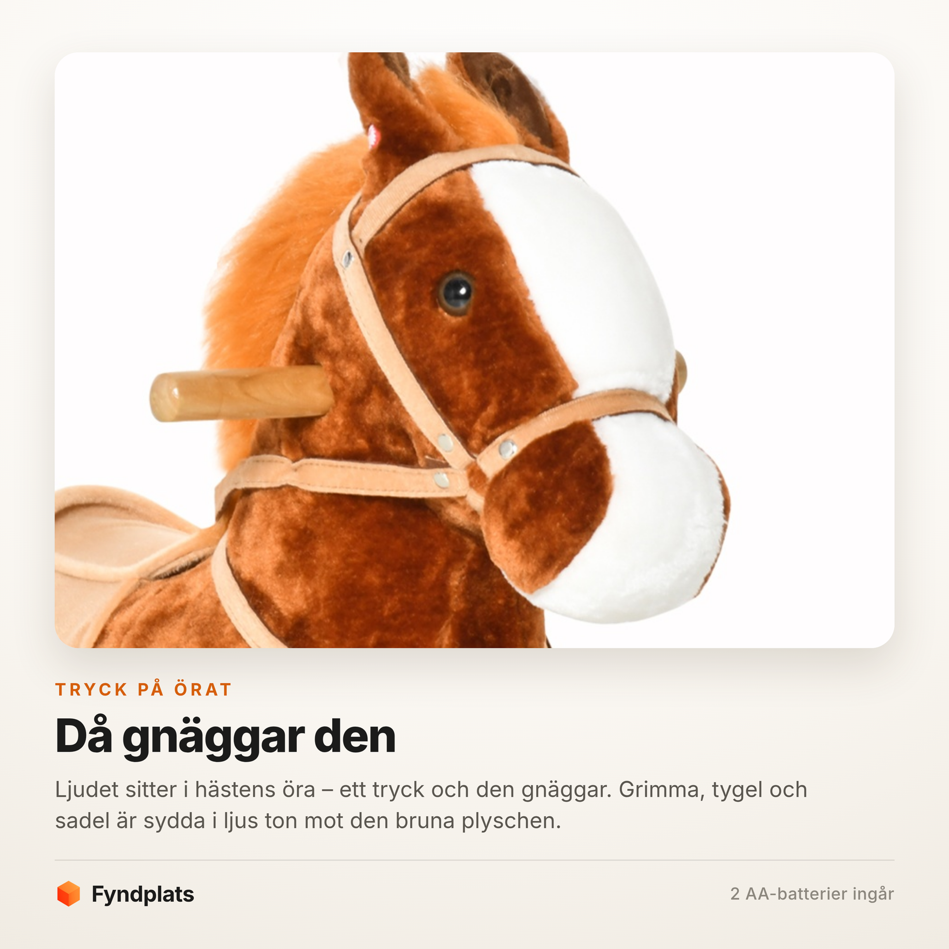 Fyndplats-kort med närbild på hästens huvud, grimma och örat där gnäggljudet sitter