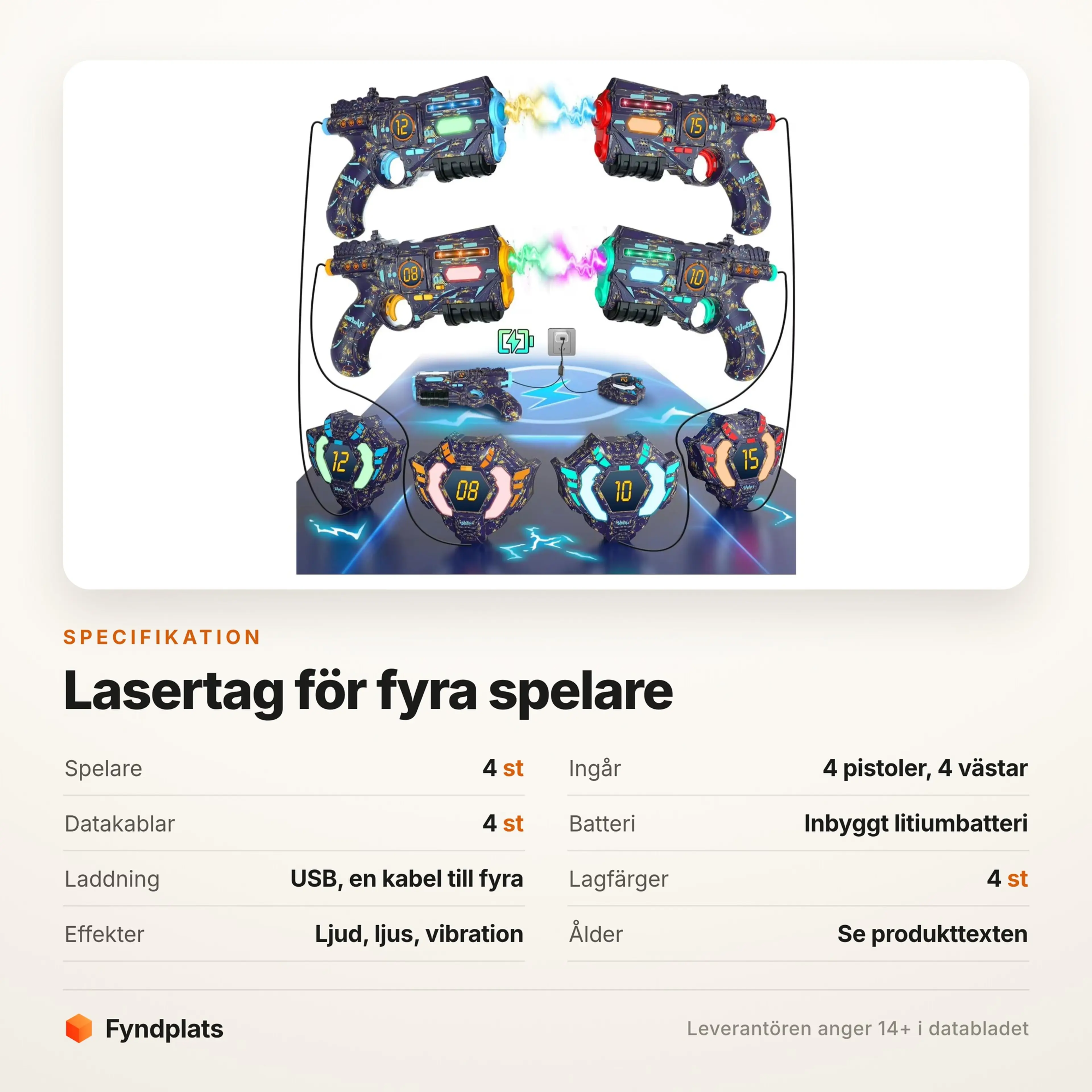 Specifikation: fyra spelare, inbyggt litiumbatteri och USB-laddning