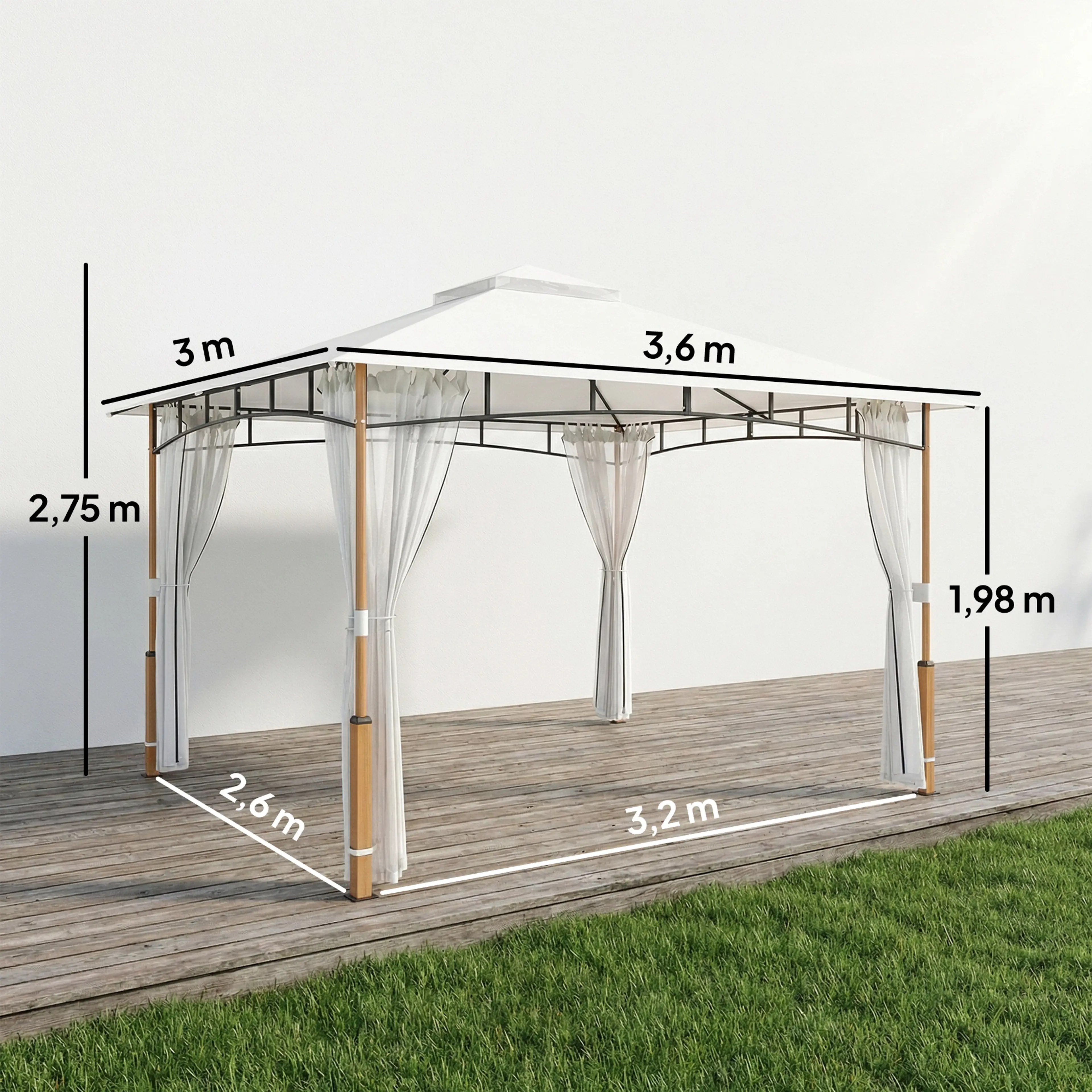 Måttskiss av paviljongen: 3,6 × 3 m yta, 2,75 m höjd och 1,98 m vid takfoten