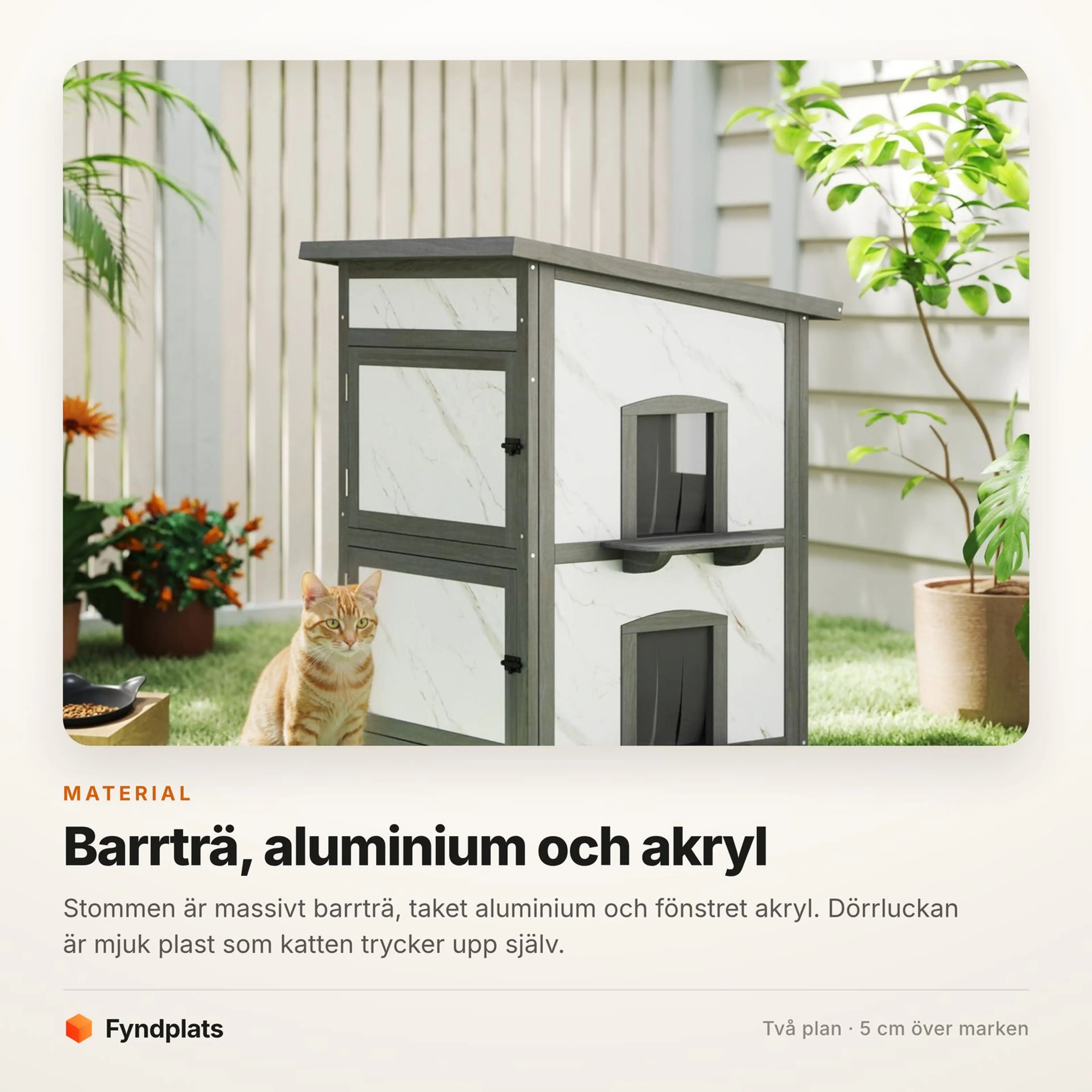 Materialkort: stomme i barrträ, tak i aluminium, fönster i akryl och mjuk plastlucka