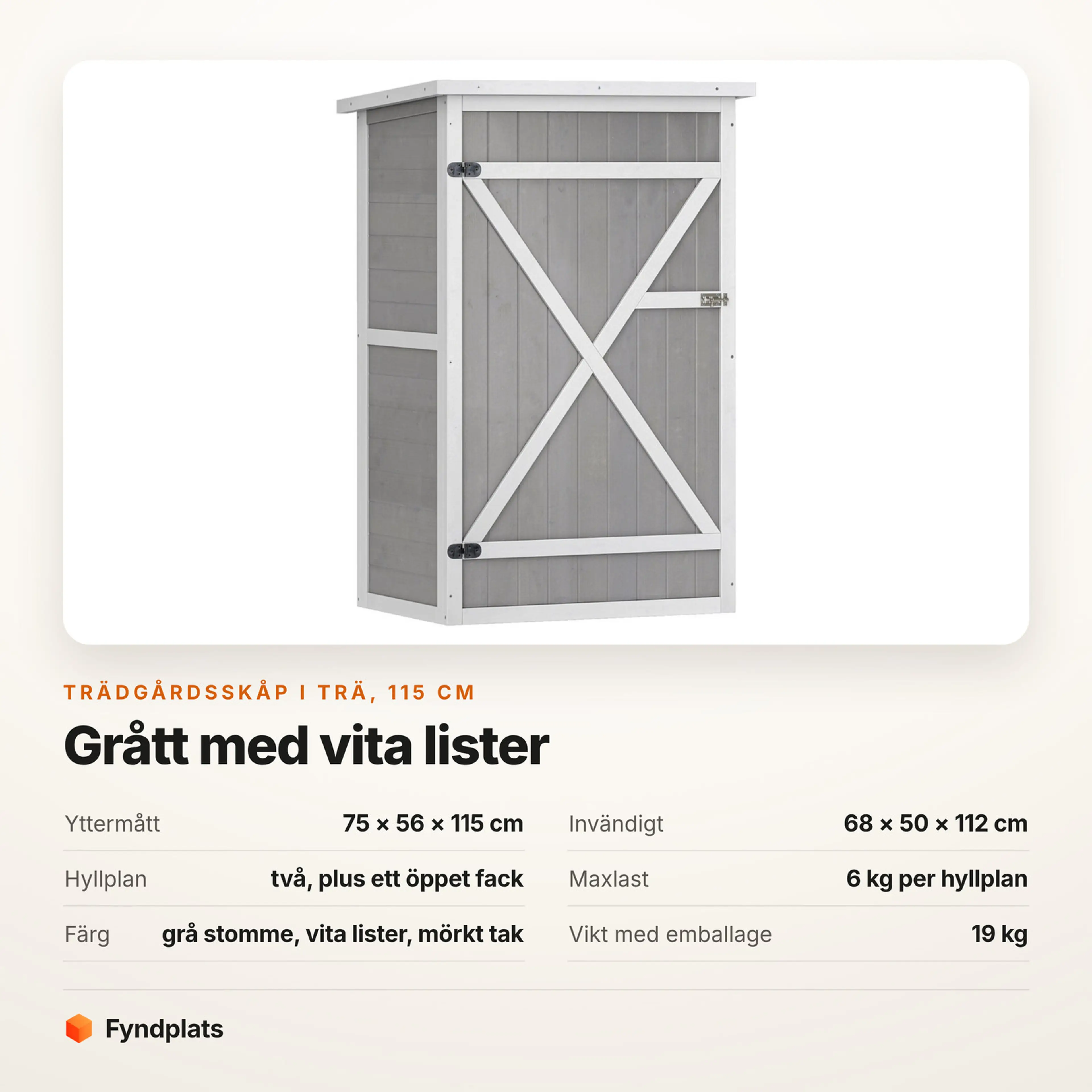 Faktakort: grått trädgårdsskåp i trä 115 cm, mått, hyllplan och maxlast