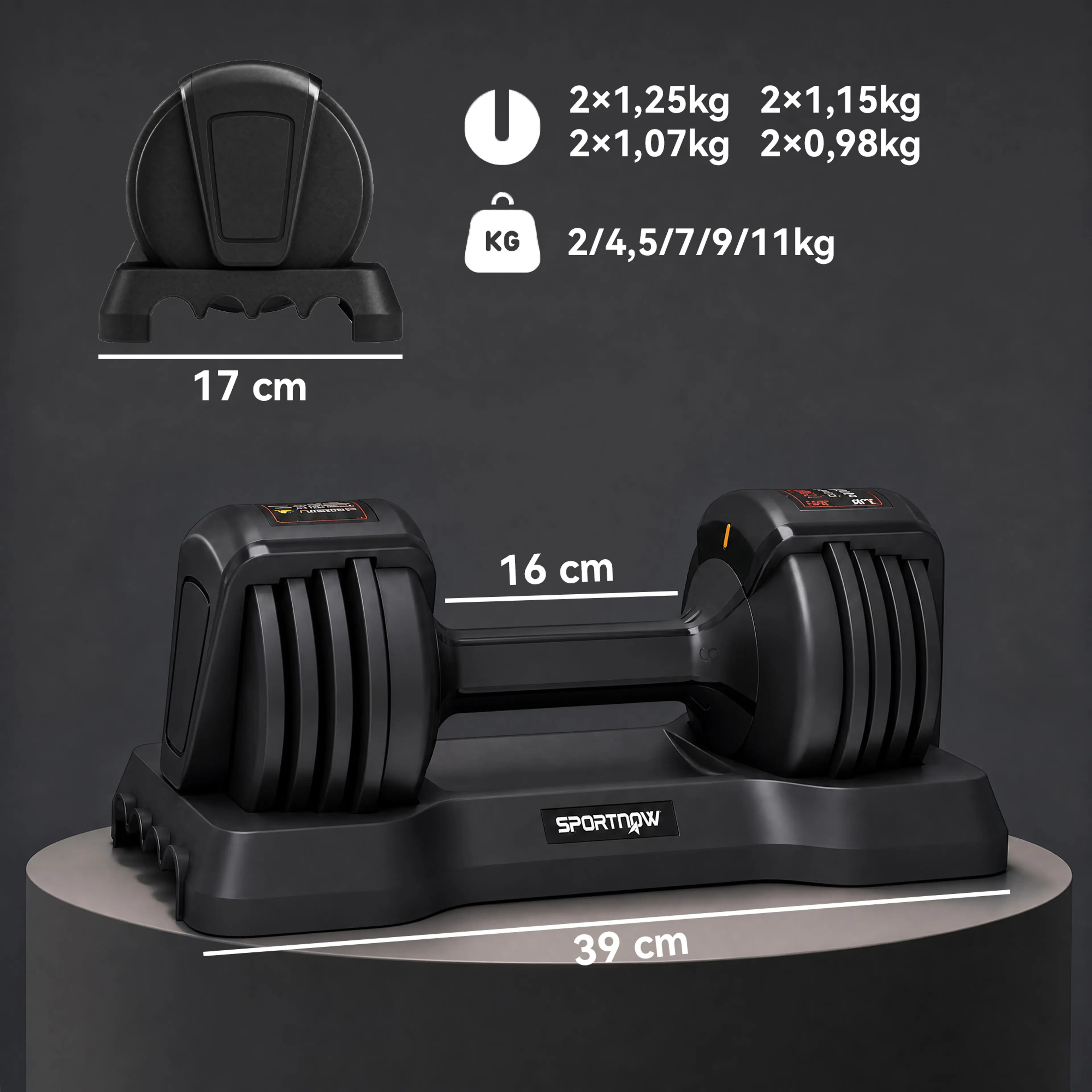Översikt över hantelns skivor och mått: viktlägen 2–11 kg, grepp 16 cm och vagga 39 cm
