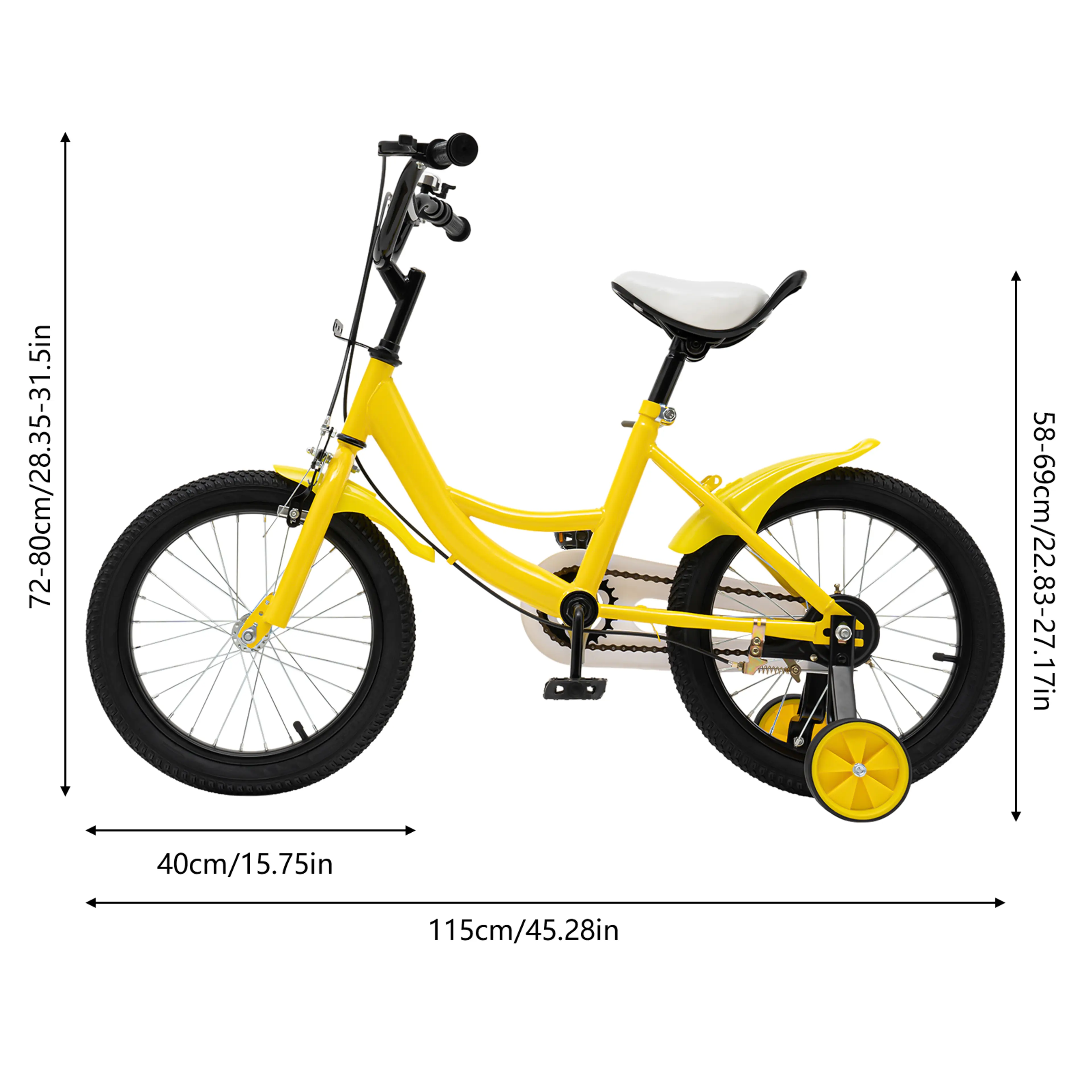 Barncykel 16 tum med stödhjul för barn 100–135 cm – dubbla bromsar, gul