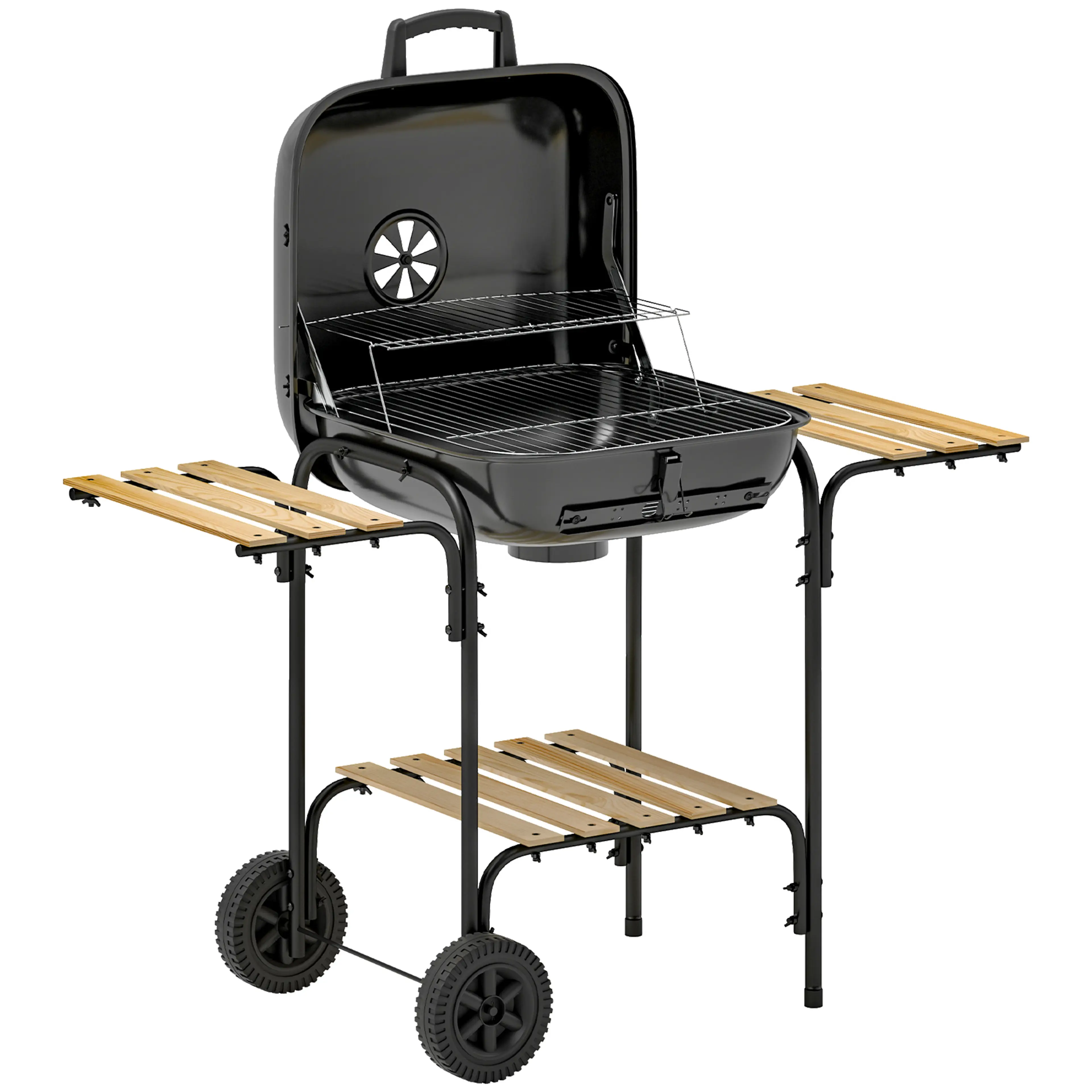Kolgrill på vagn i stål med låsbart lock, svart