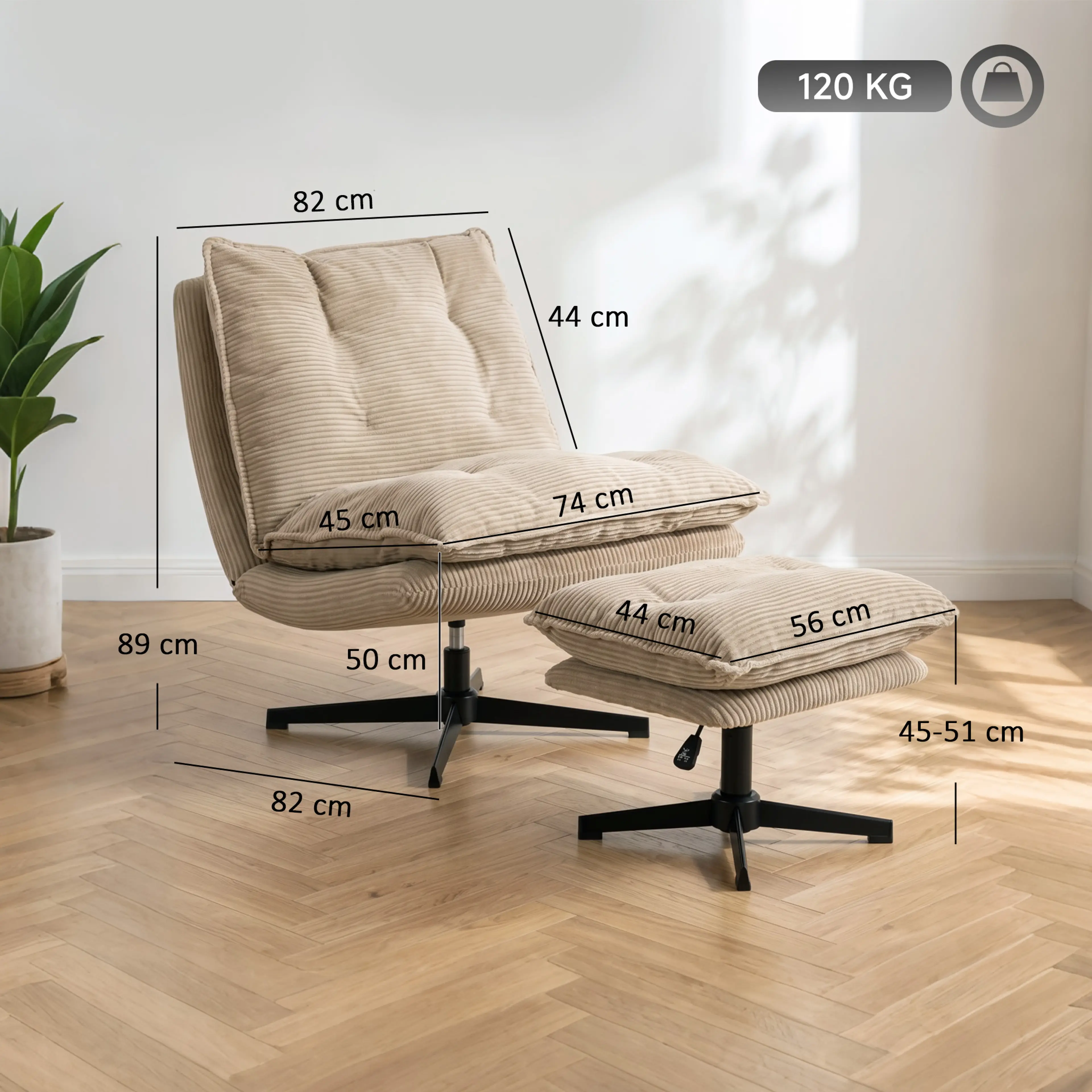 Måttbild: fåtöljen är 74 cm bred, 82 cm djup och 89 cm hög, fotpallen 45–51 cm hög