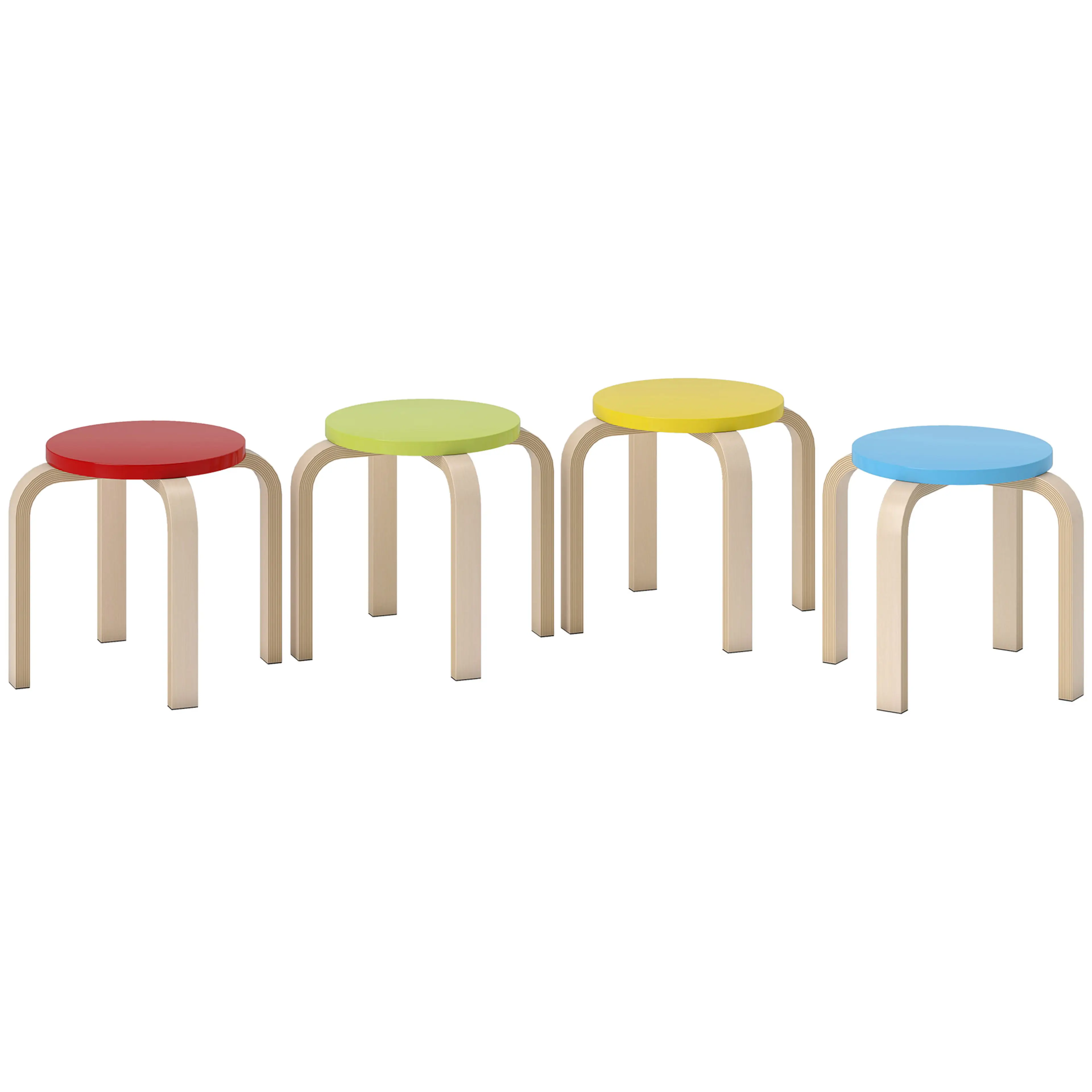 Barnpallar i björkplywood, fyra stapelbara – röd, grön, gul och blå, 30 cm höga