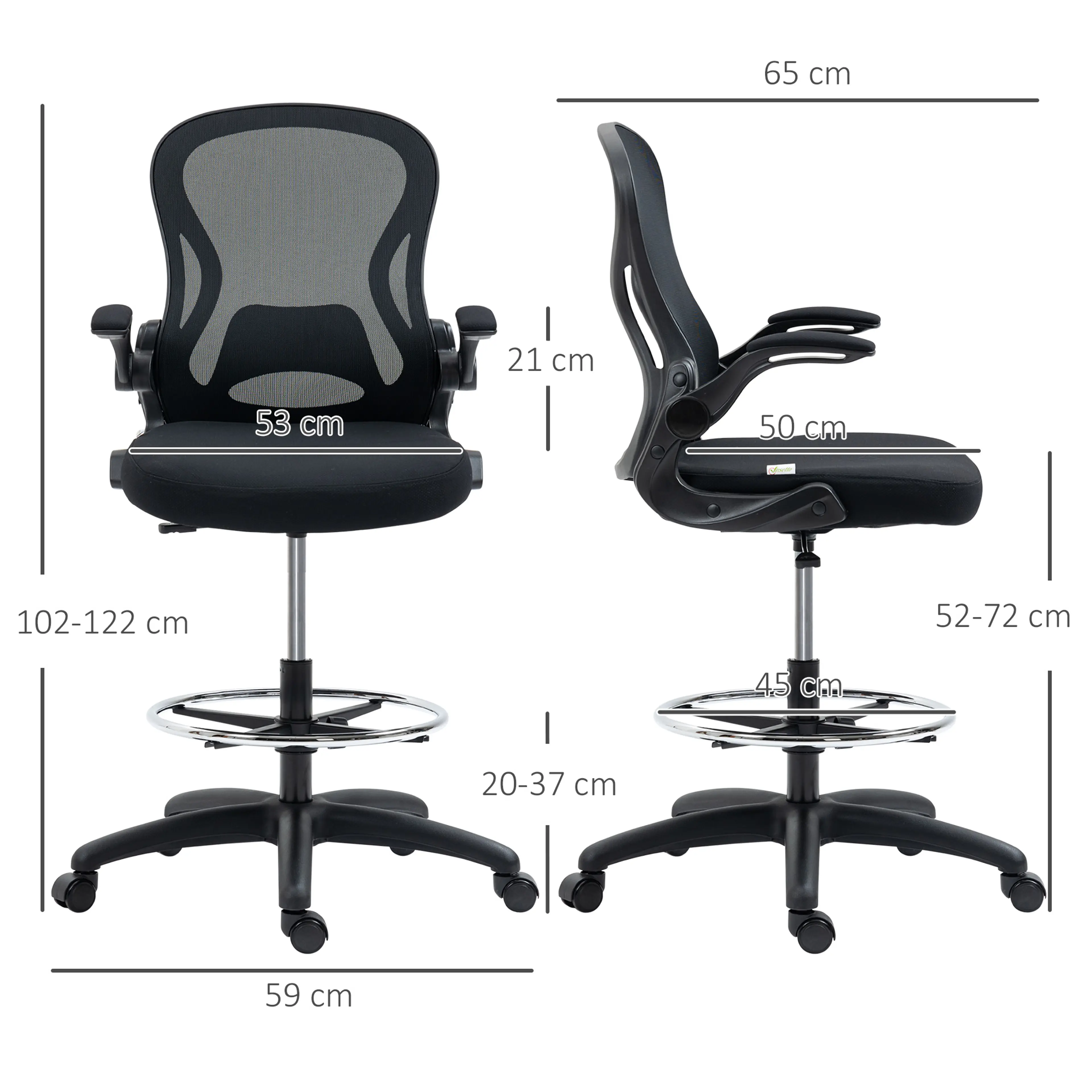 Ritstol med svankstöd i svart nätväv, måttskiss med mått i centimeter, framifrån och från sidan