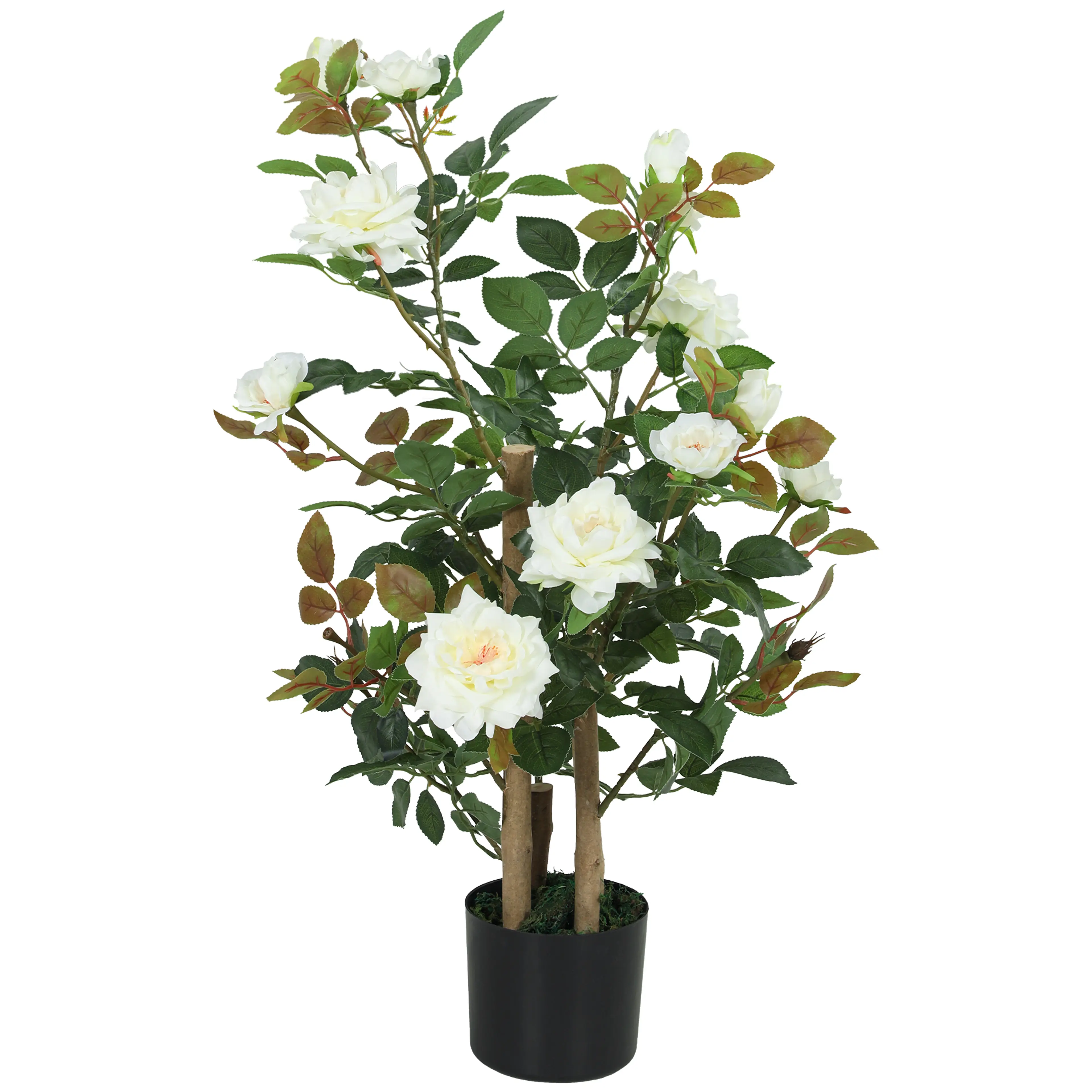 Konstgjort rosenträd med vita rosor och fyra stammar i svart kruka, på vit bakgrund
