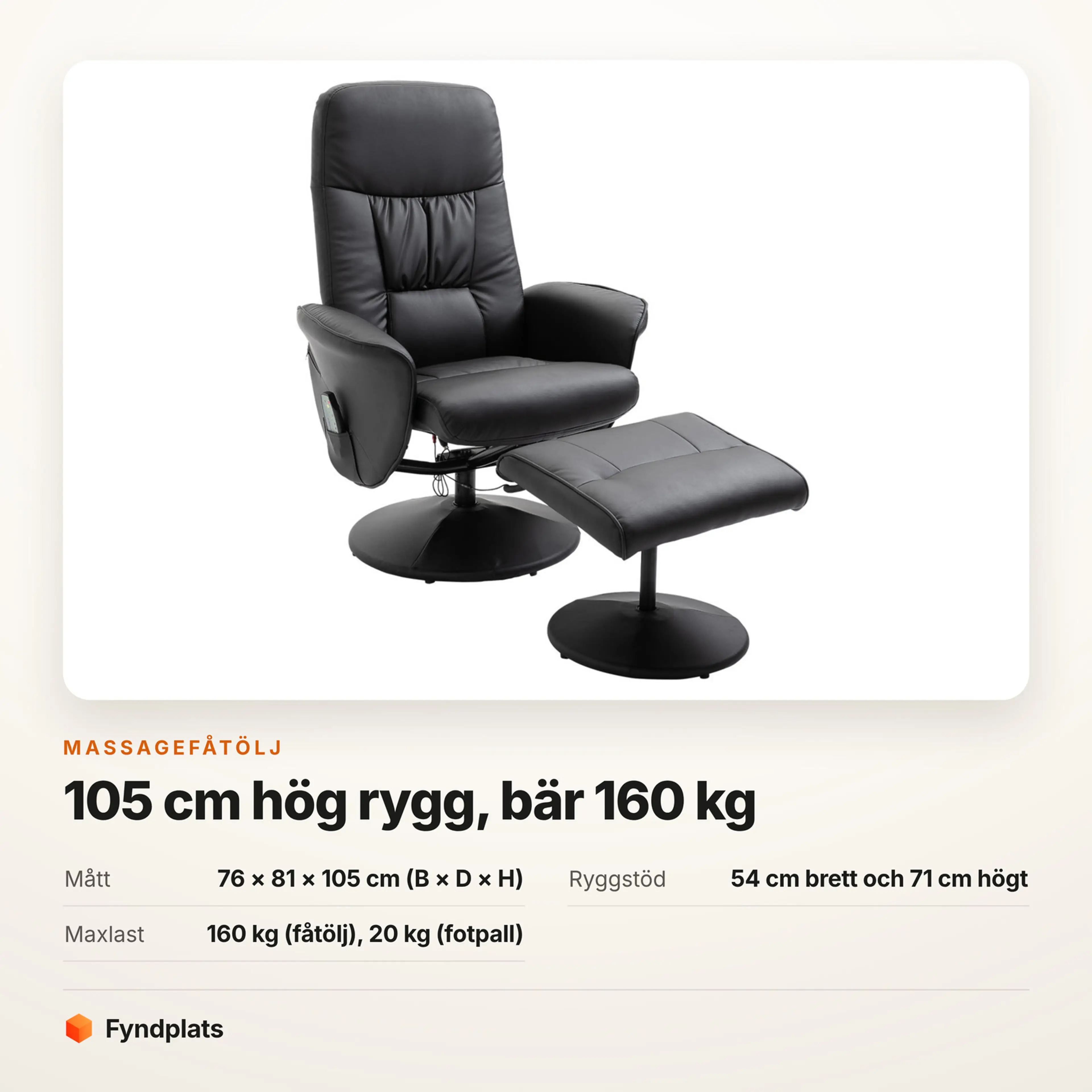 Fyndplats produktkort: svart massagefåtölj med 105 cm hög rygg, mått och maxlast