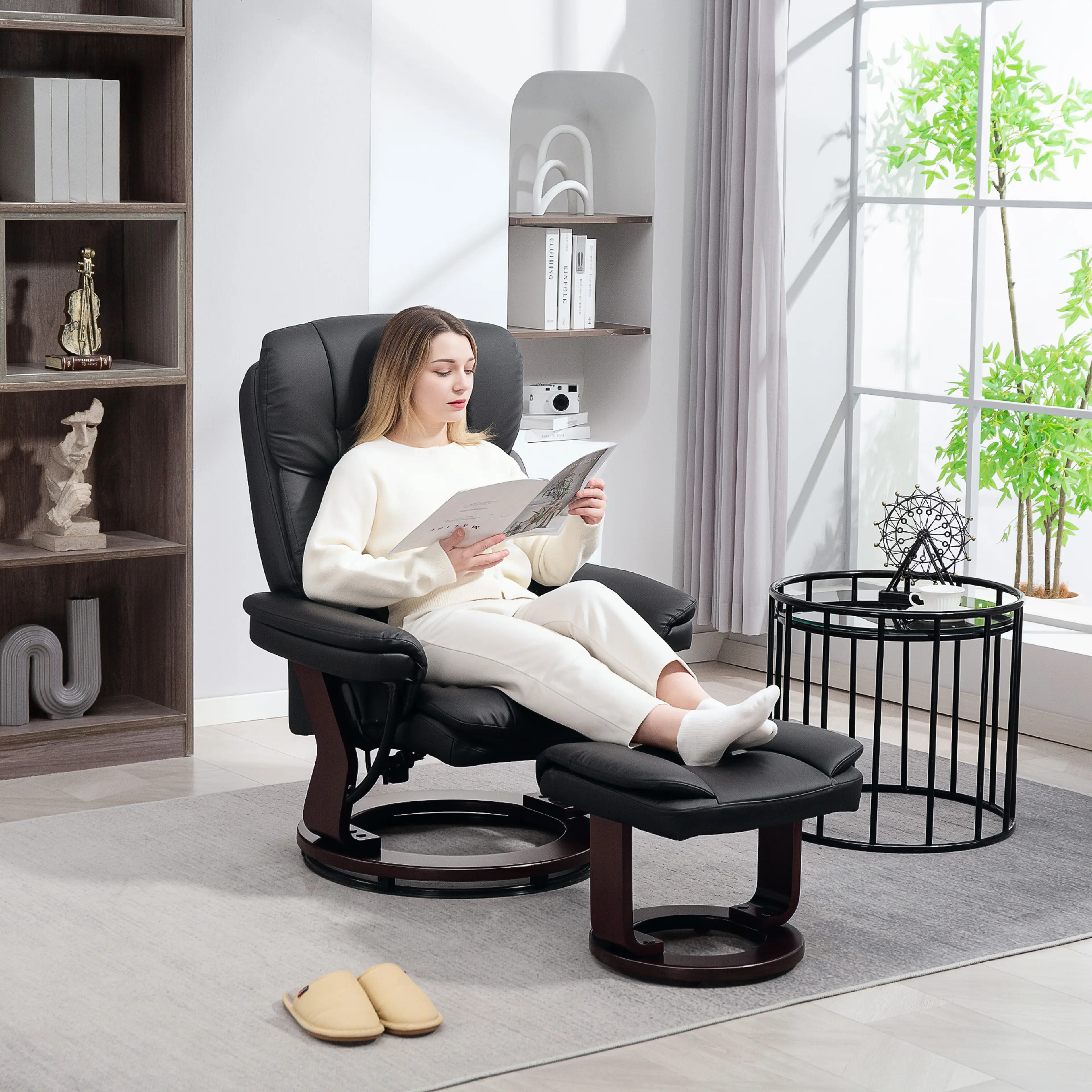 Reclinerfåtölj med fotpall i konstläder, 130° och 360° – svart – bild 2