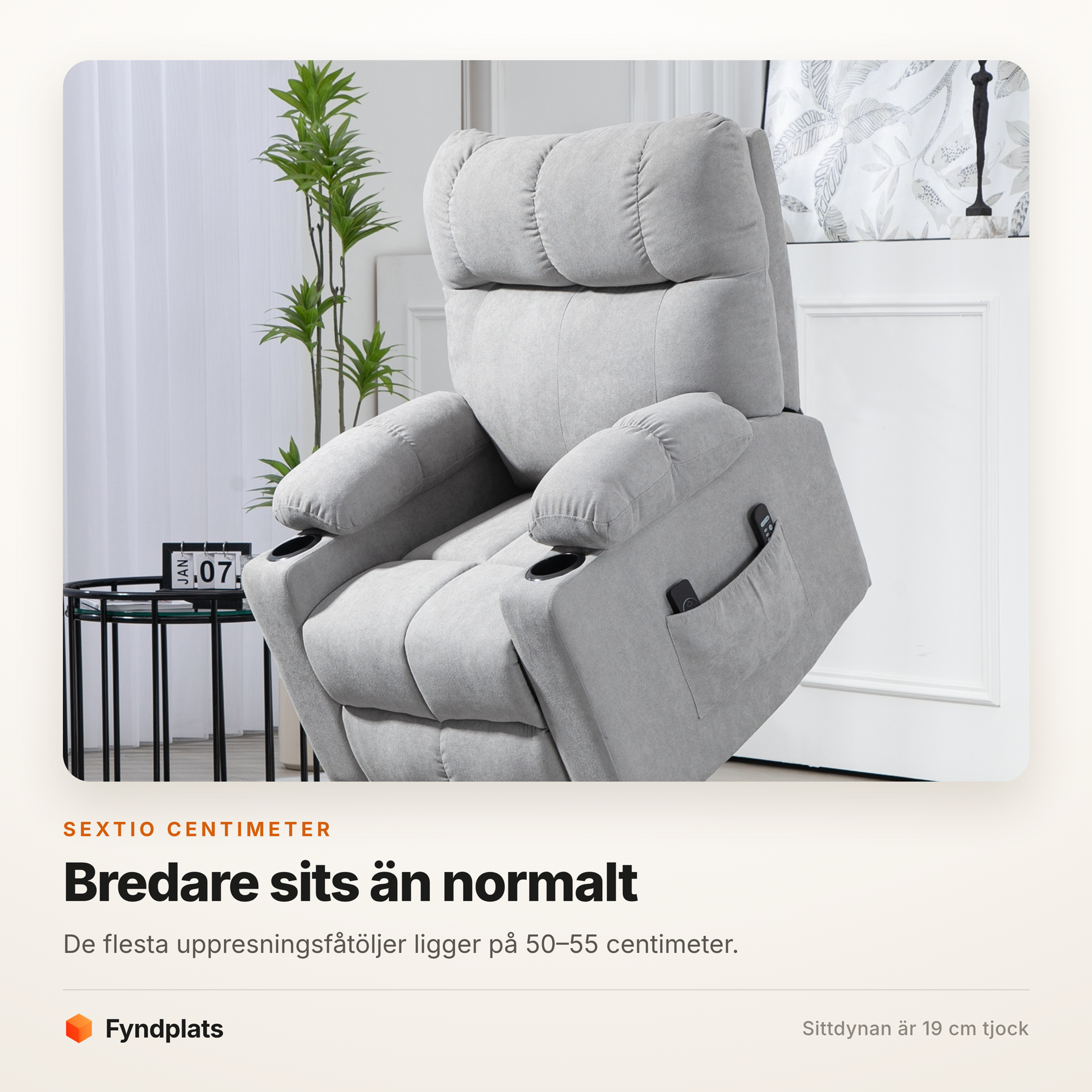 Uppresningsfåtölj ljusgrå med mugghållare – massage, ländvärme och 60 cm sits – bild 2