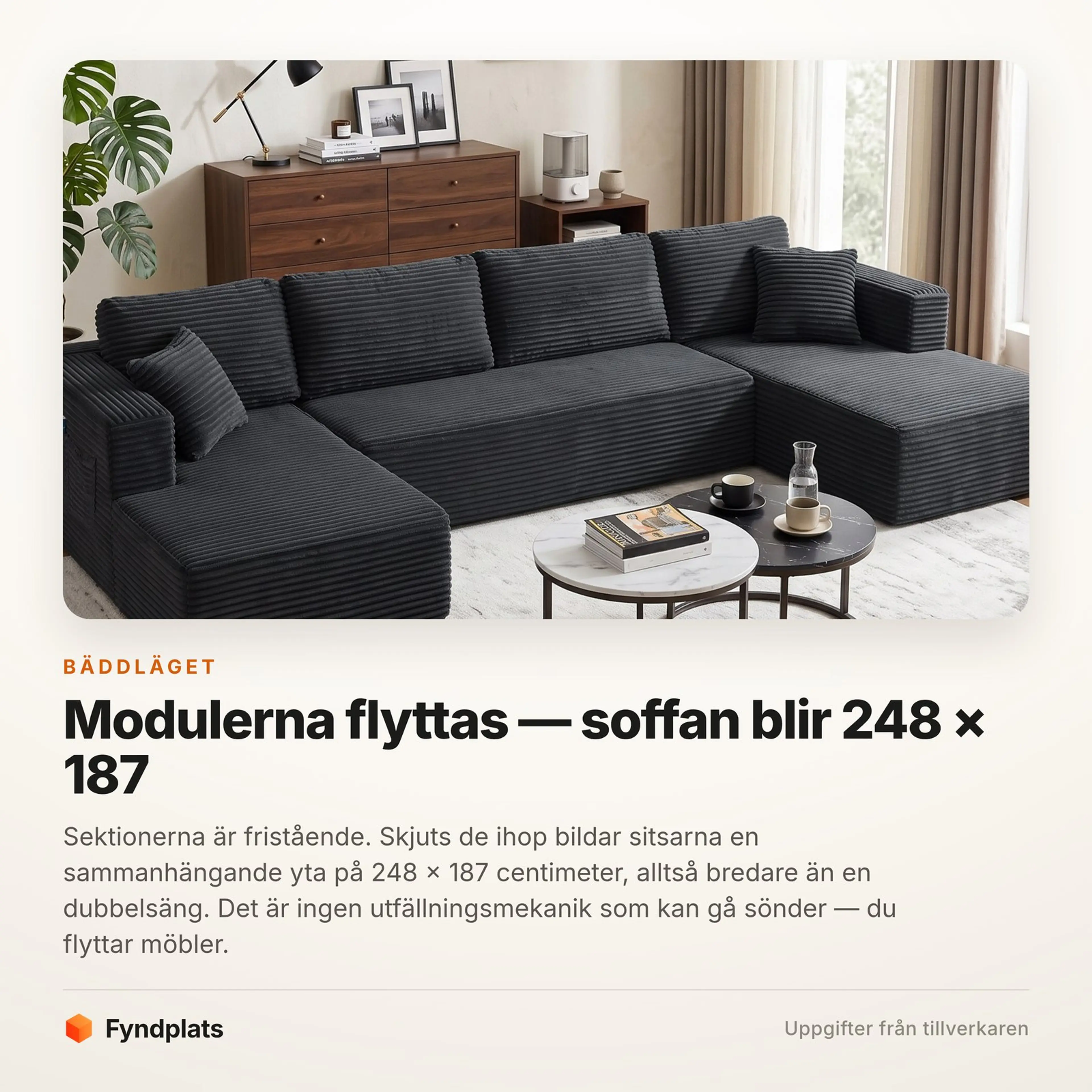 Fyndplats faktakort: modulerna skjuts ihop till en bäddyta 248 × 187