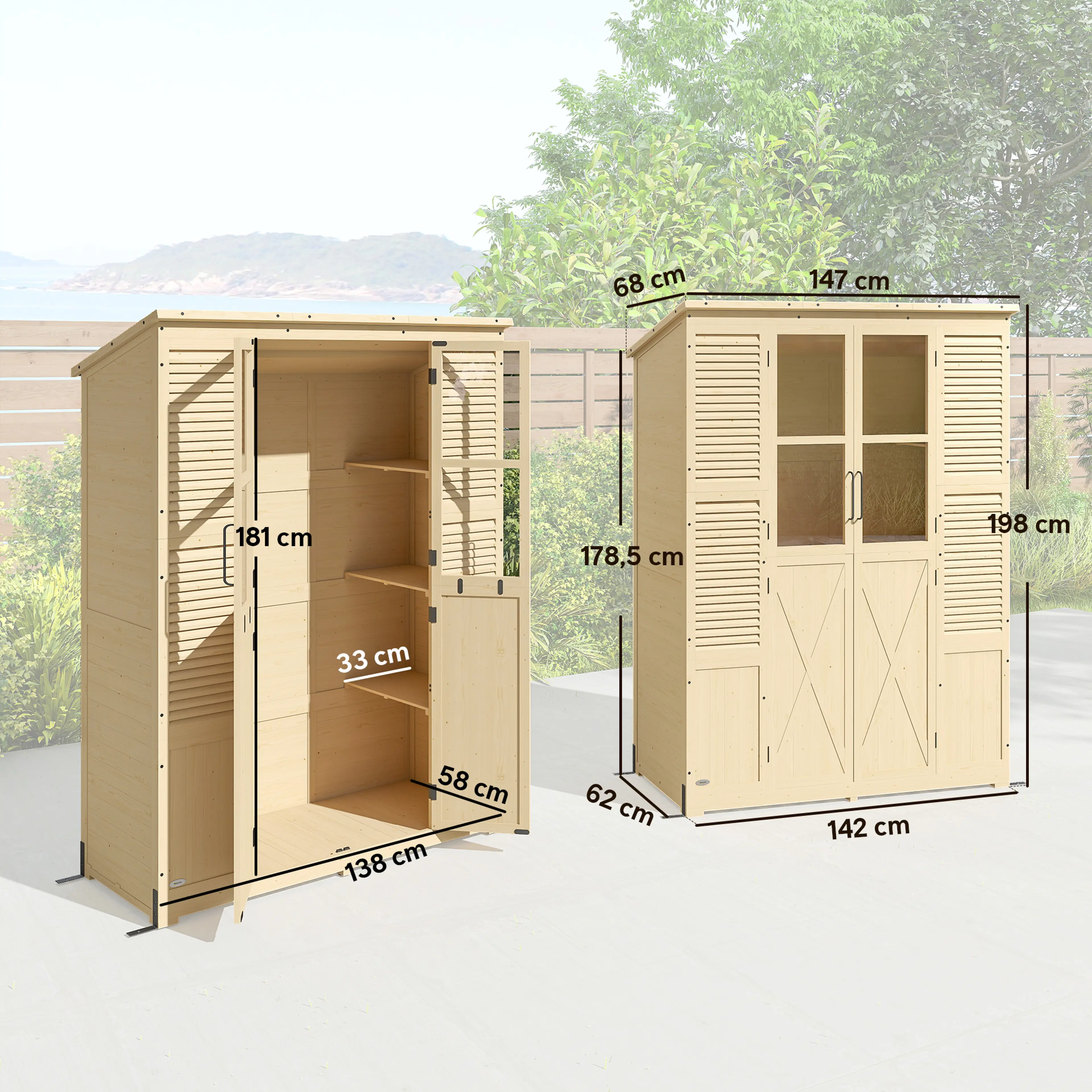 Måttritning: 147 cm brett, 68 cm djupt och 198 cm högt, hyllplan 33 × 58 cm
