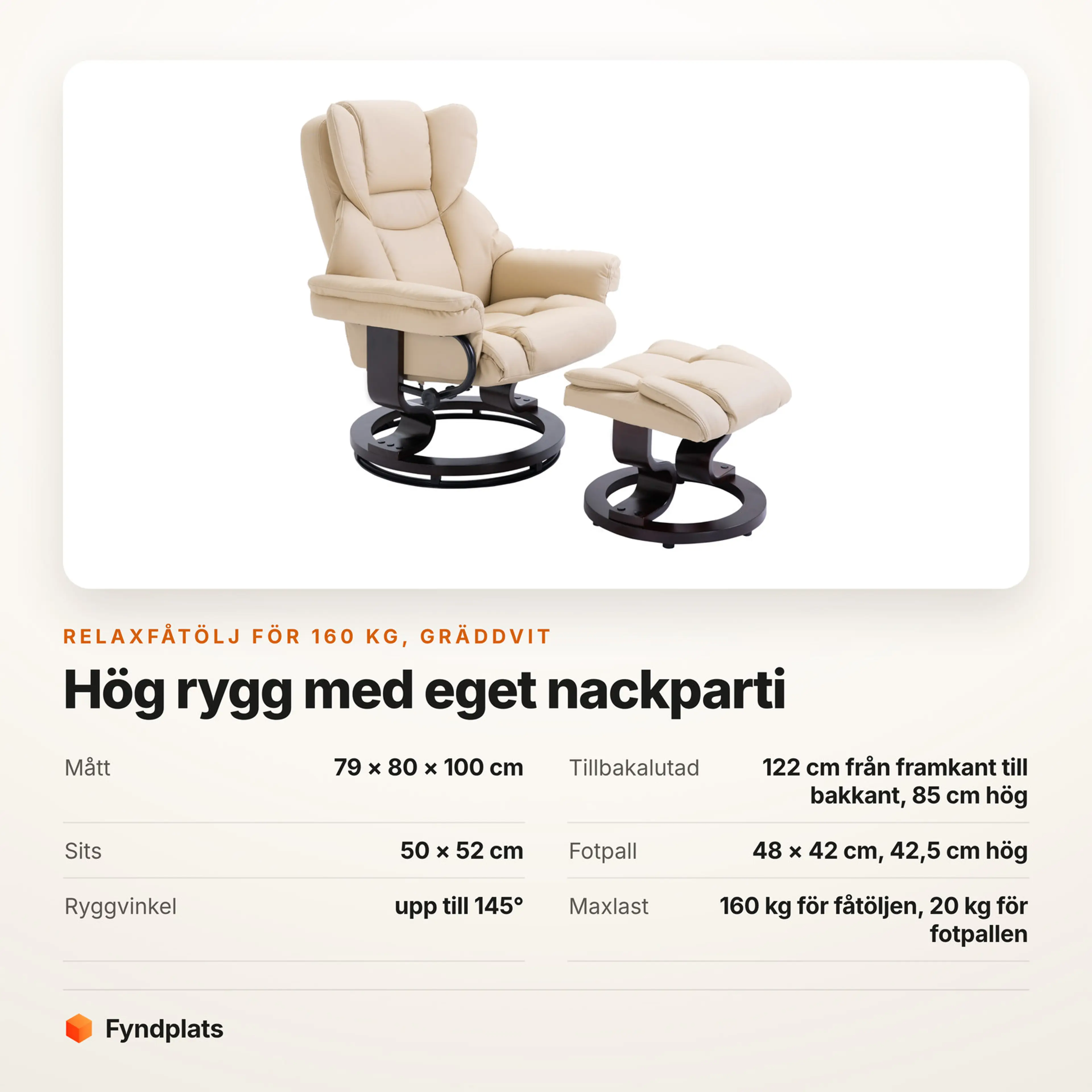 Gräddvit relaxfåtölj med fotpall, mått och maxlast 160 kg