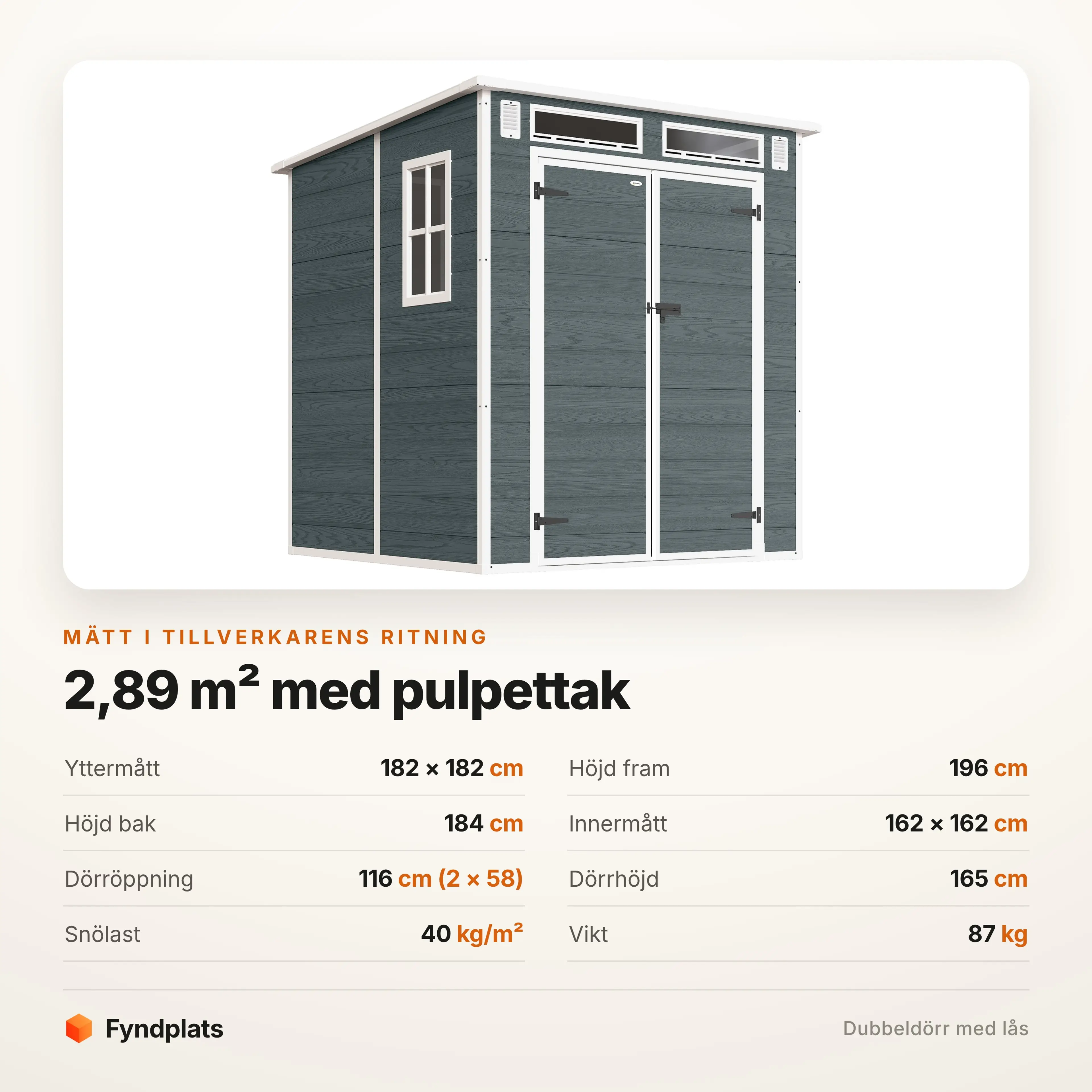 Specifikationer: 2,89 m² golvyta, 182 × 182 cm, 196 cm höjd fram