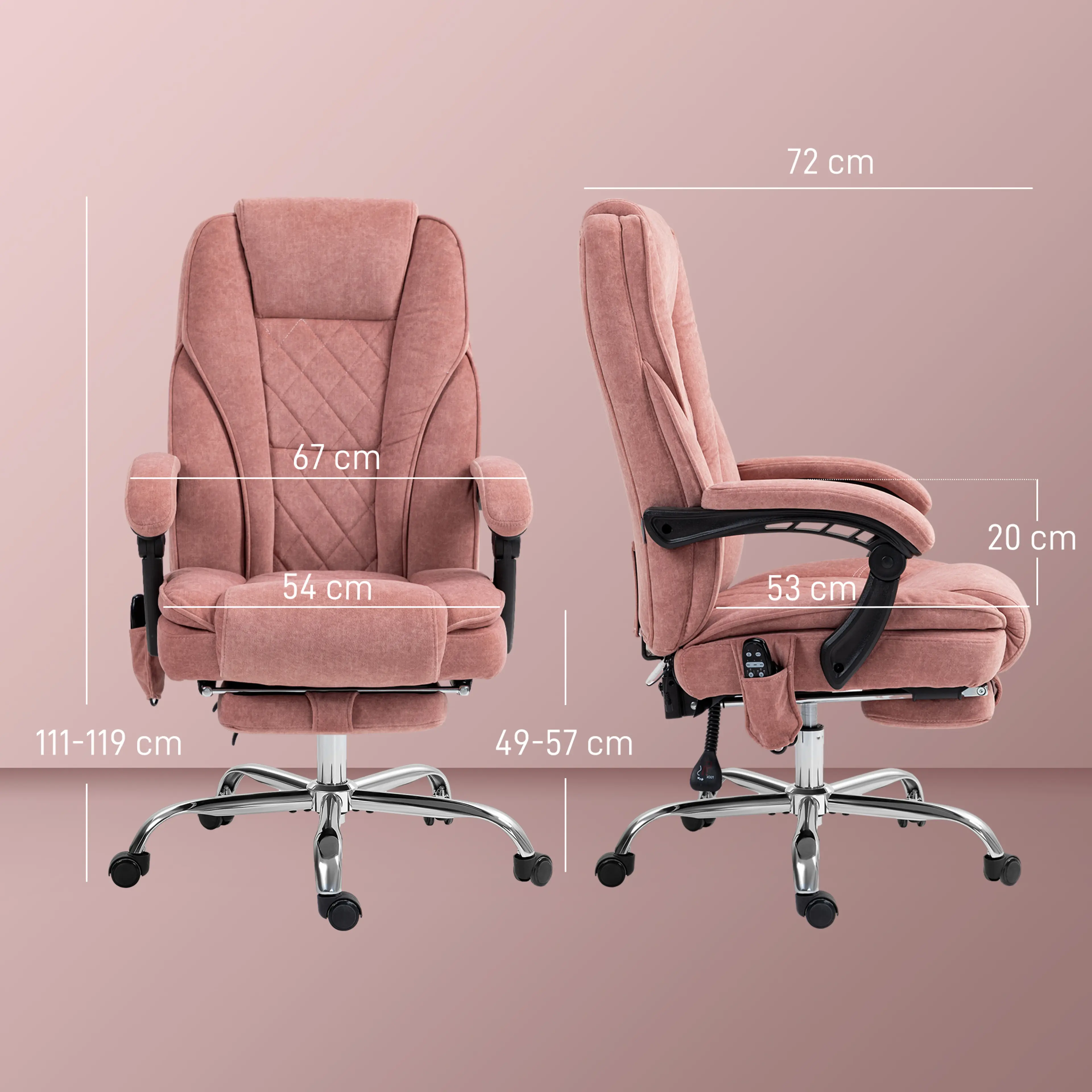 Måttritning med bredd 67 cm, djup 72 cm, höjd 111–119 cm och sits 54 × 53 cm