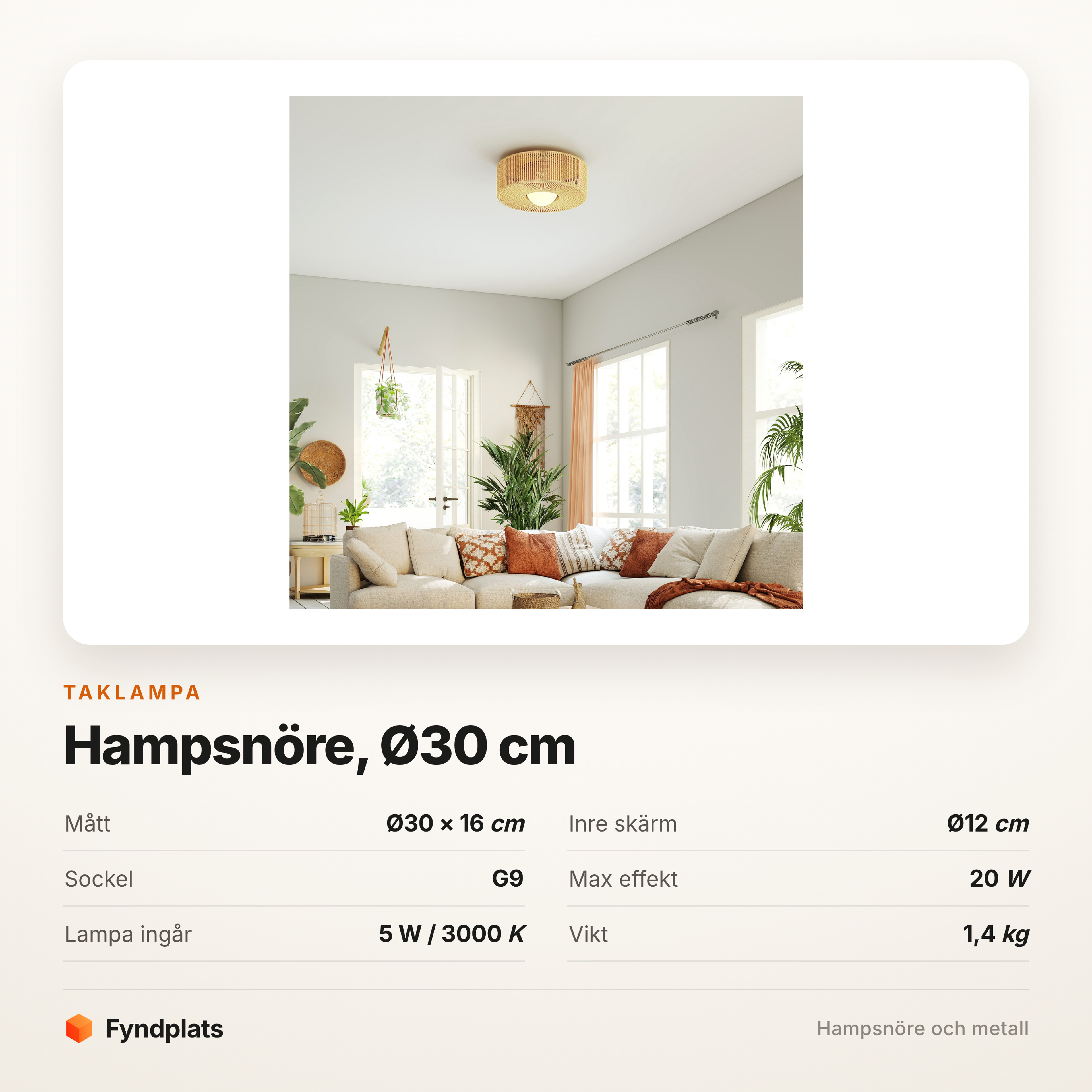 Taklampa i hampsnöre Ø30 cm – G9-lampa ingår, 3000 K, boho – bild 5