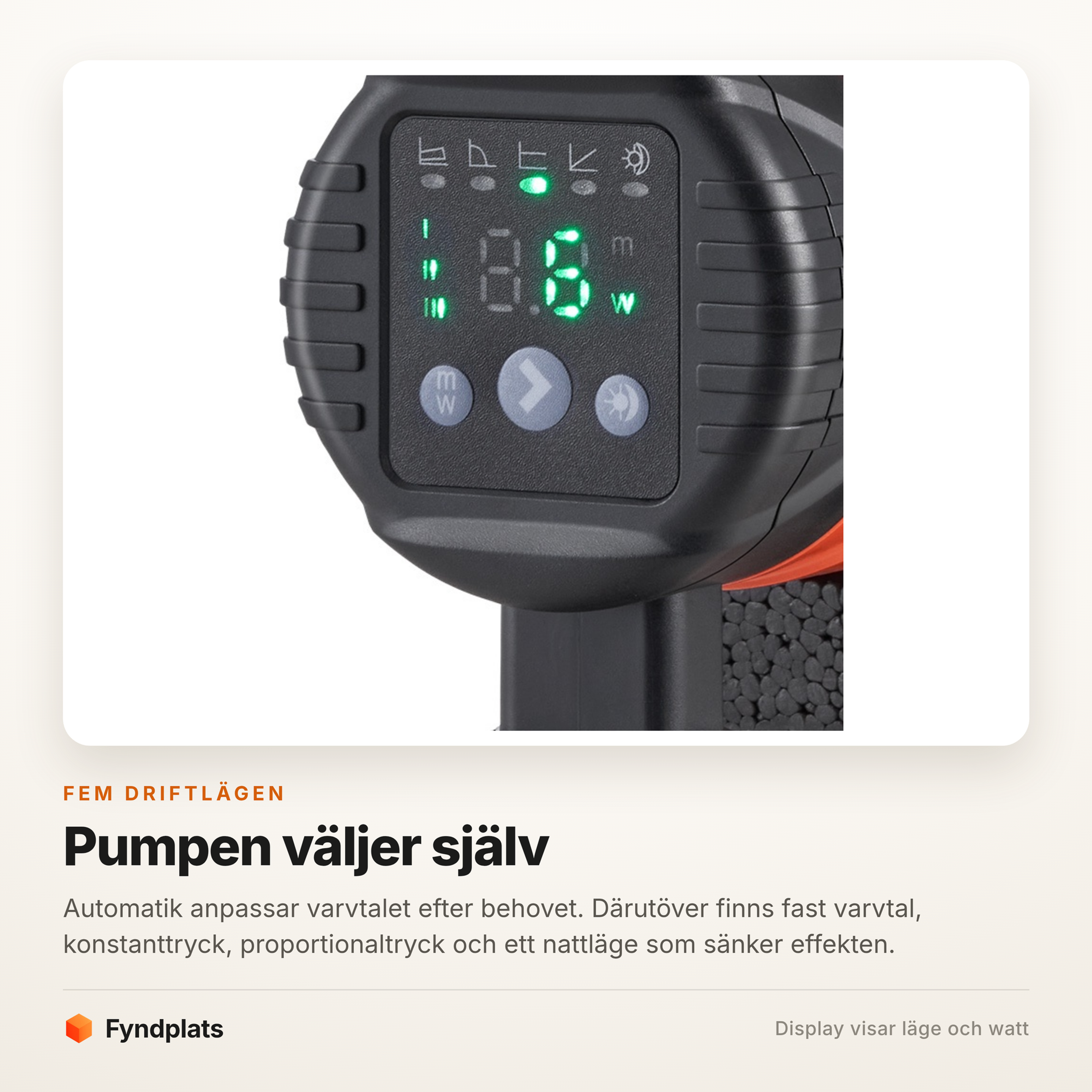 Fyndplats-kort som visar pumpens display med de fem driftlägena