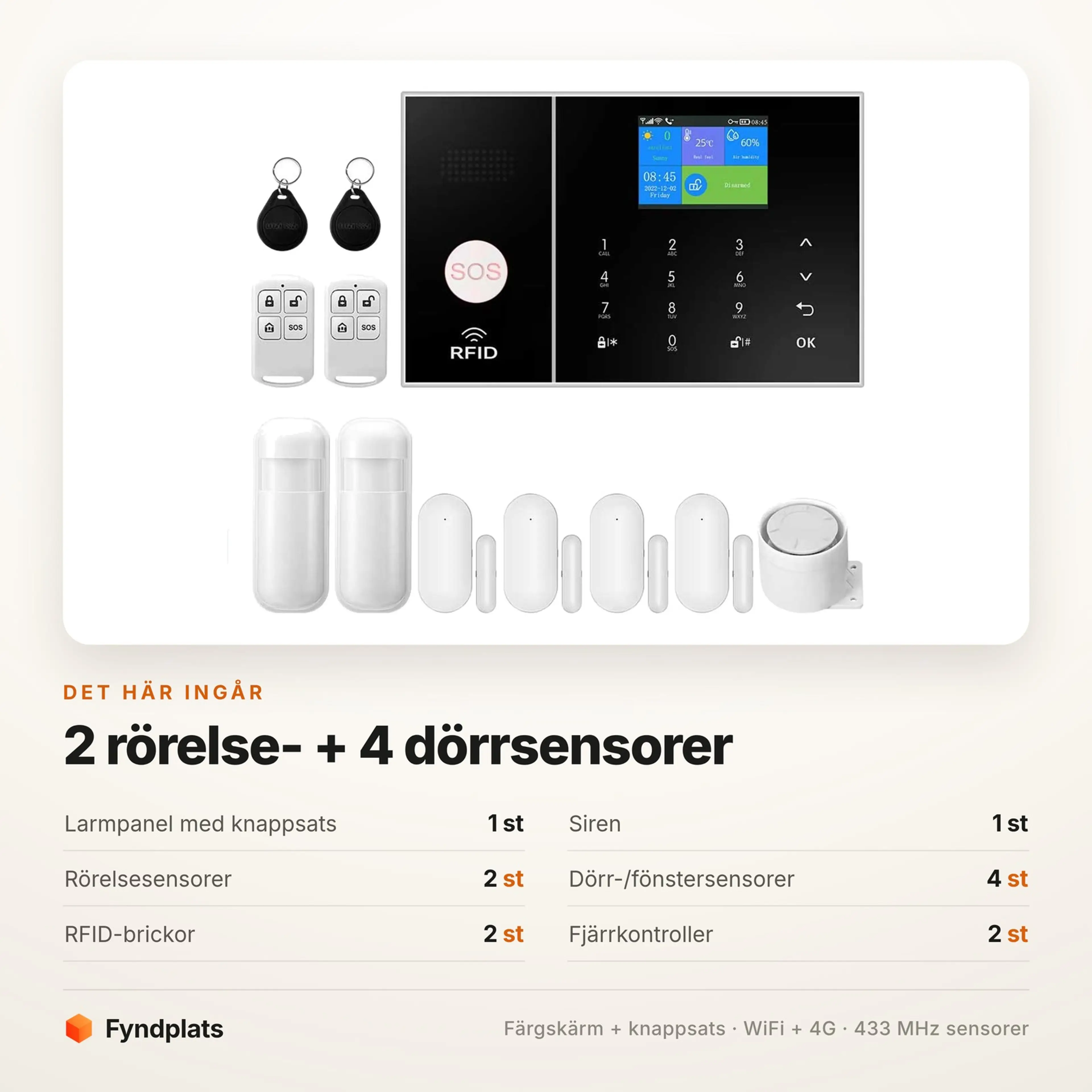 Innehållskort: paketet med 2 rörelsesensorer och 4 dörrsensorer, plus larmpanel, siren, 2 RFID-brickor och 2 fjärrkontroller