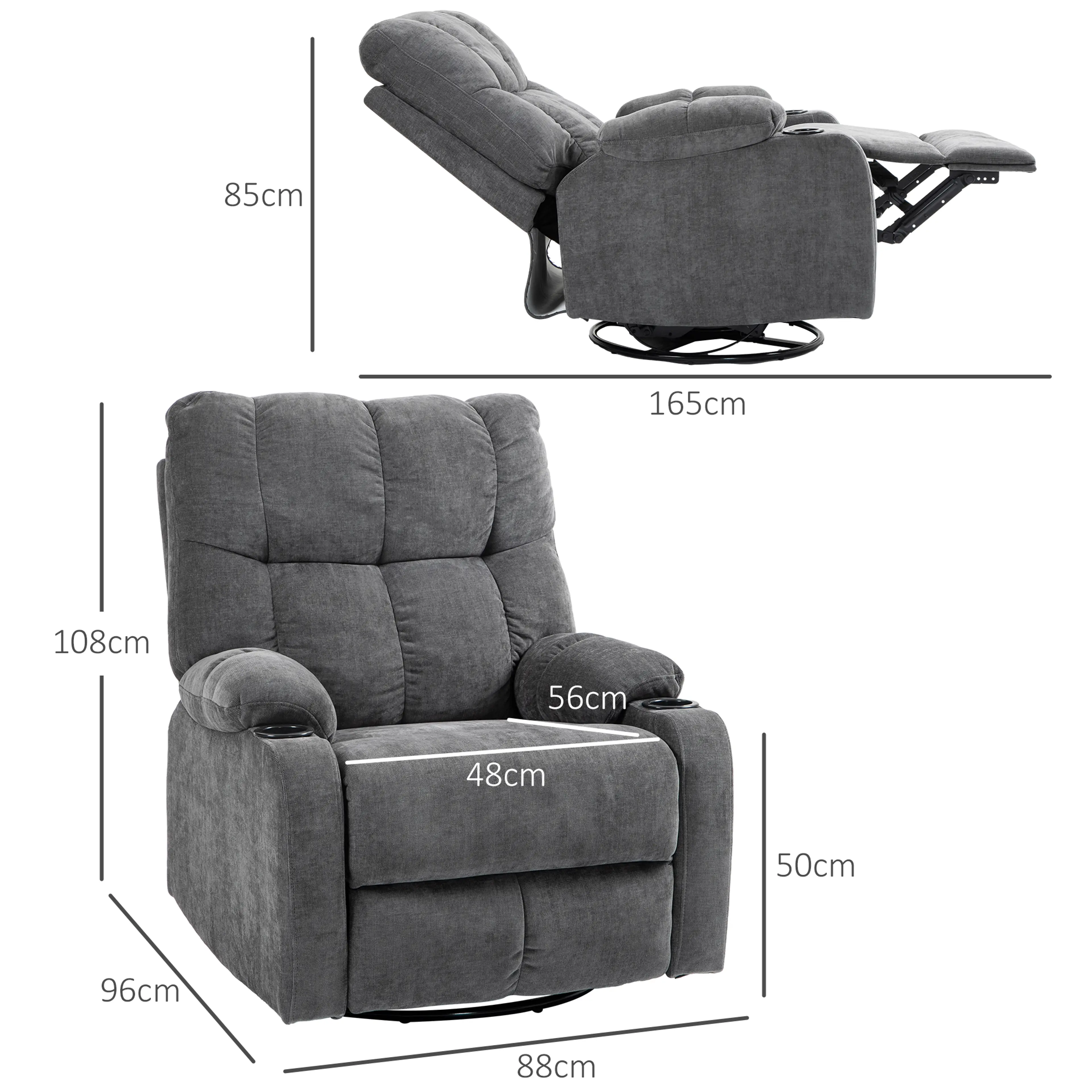 Måttskiss över fåtöljen: 108 cm hög upprätt och 165 cm djup tillbakalutad