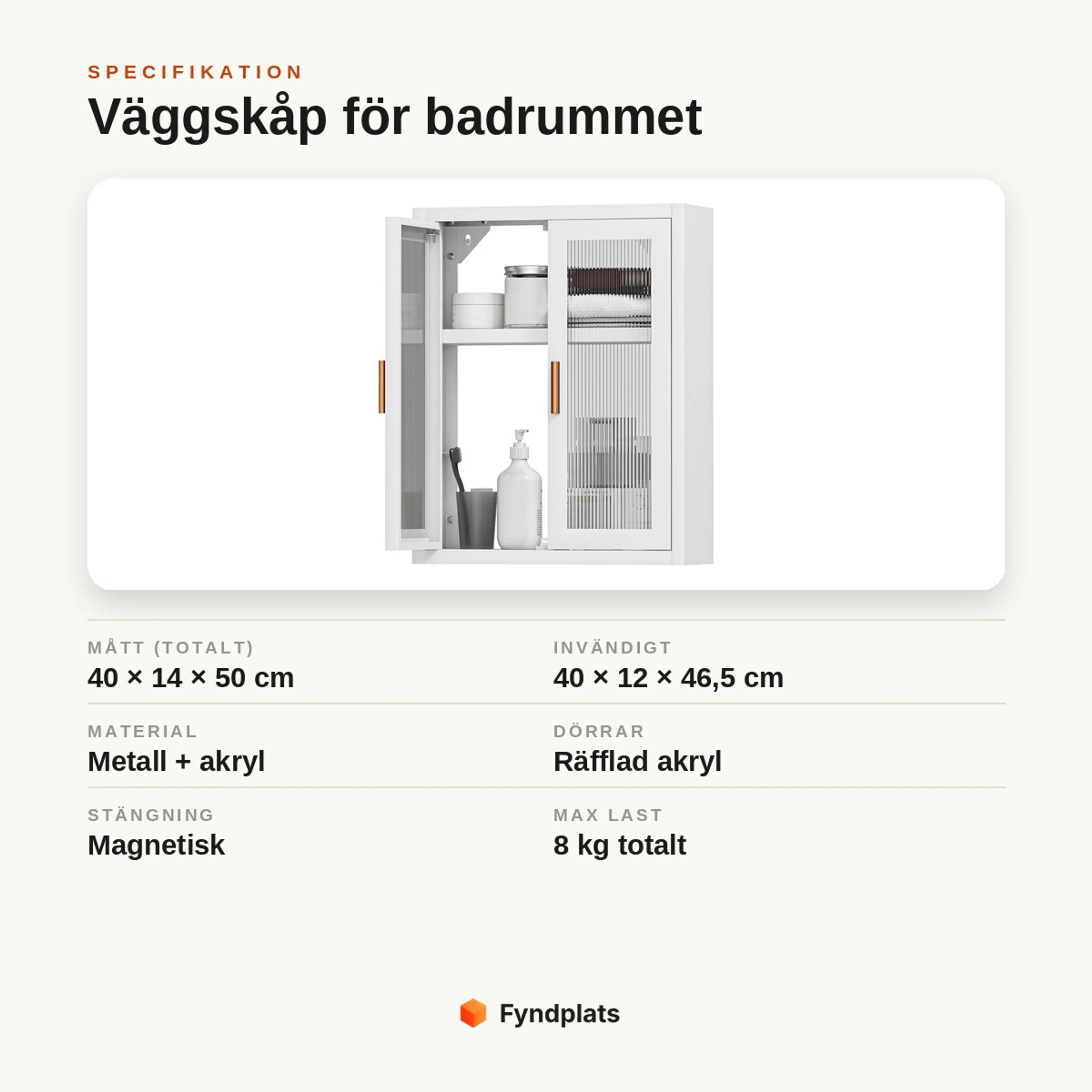 Specifikation för badrumsskåp: mått 40 × 14 × 50 cm, metall och akryl, max 8 kg