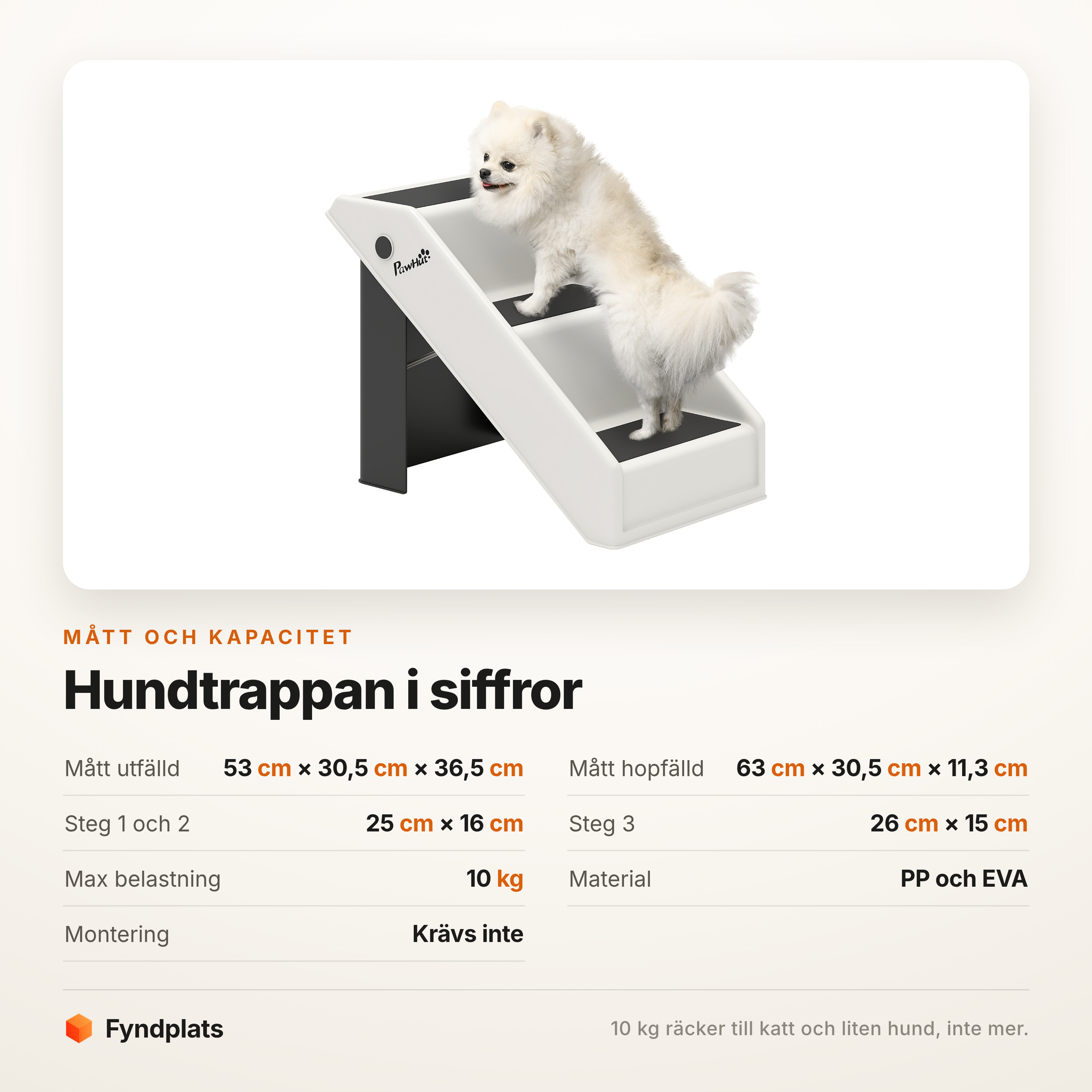 Specifikationstabell för hundtrappan: mått, stegmått och max 10 kg