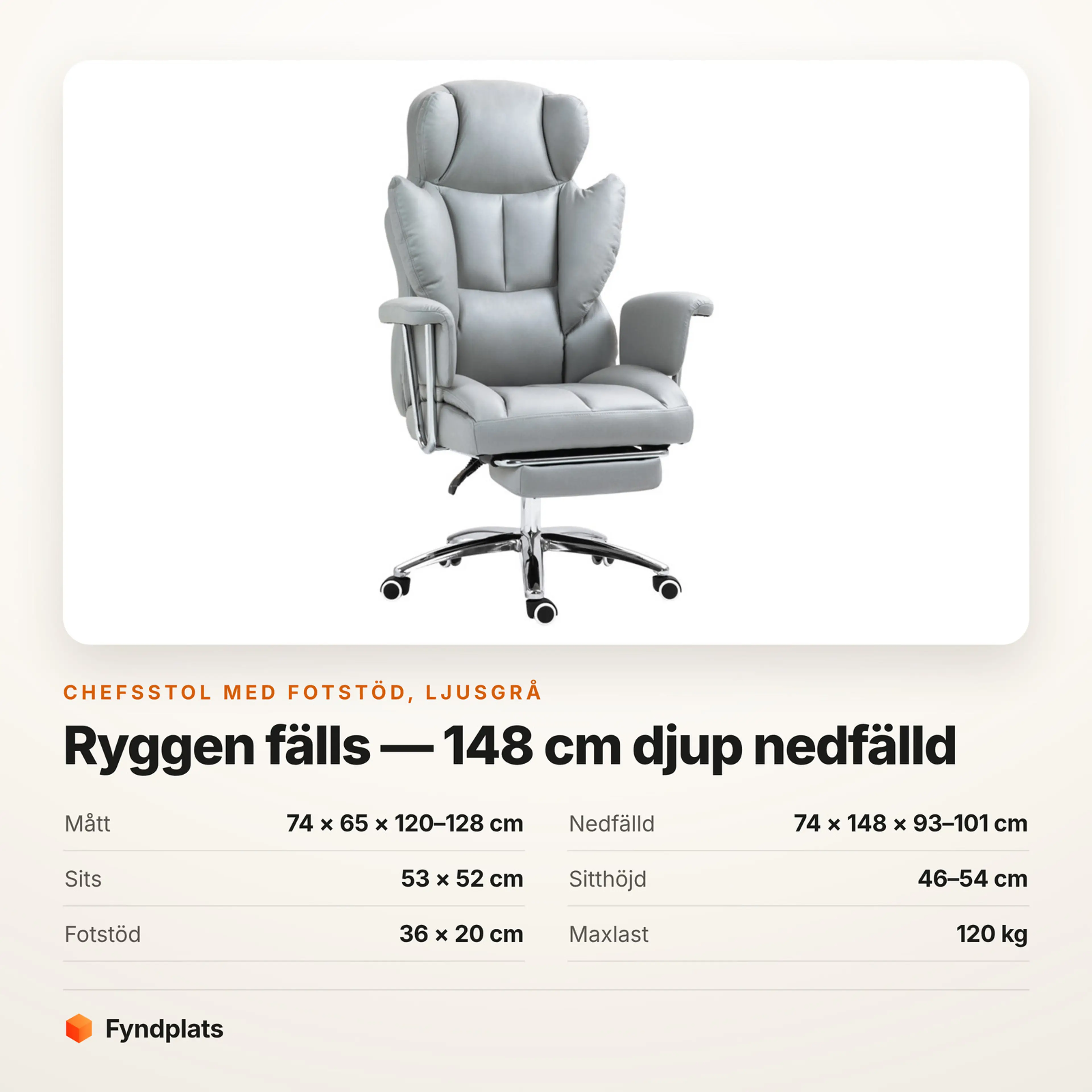 Chefsstol i ljusgrå mikrofibertyg med fotstöd – Faktakort med mått, nedfällda mått, sits, sitthöjd, fotstöd och maxlast