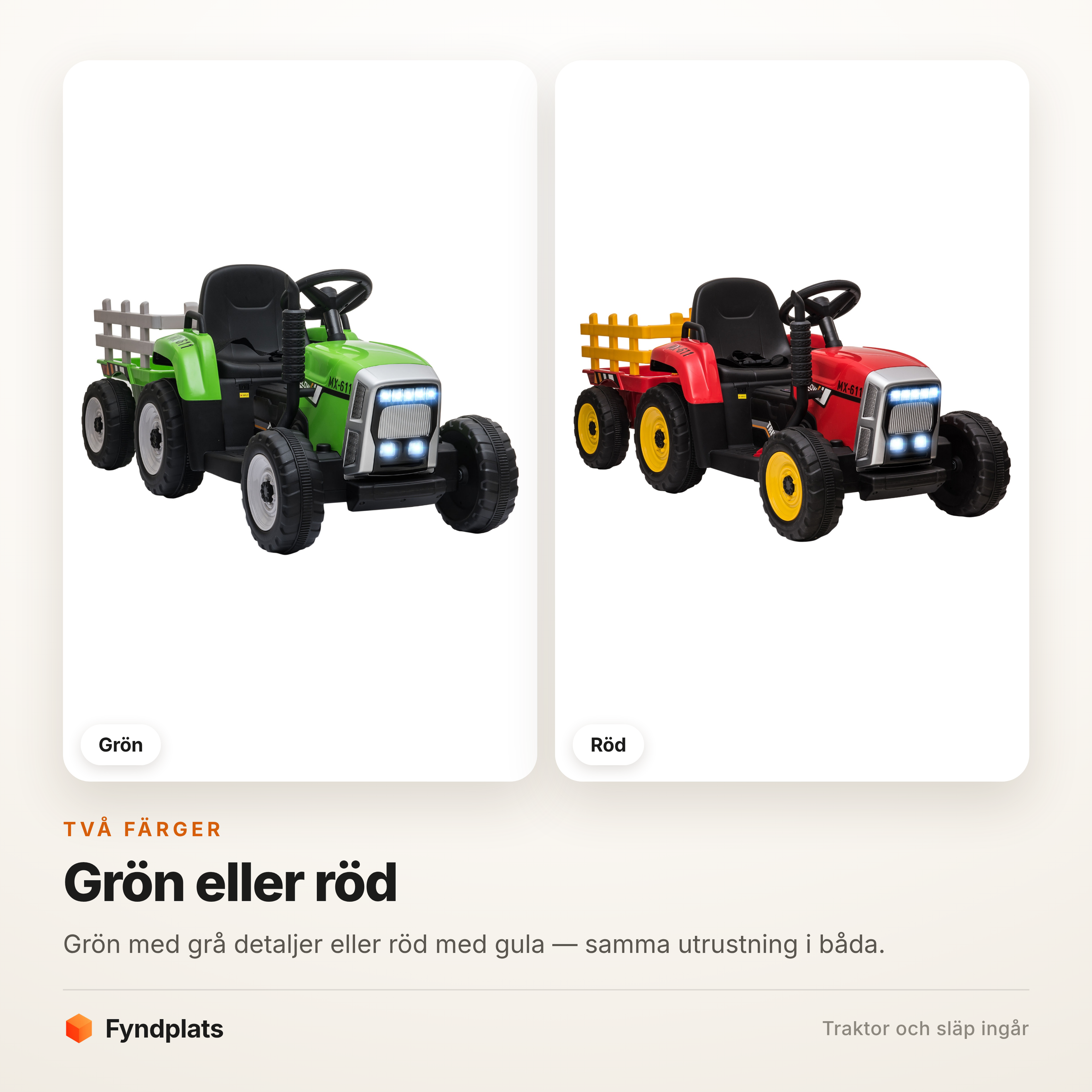 Fyndplats färgkort som visar eltraktorn i grönt och rött – två olika exemplar sida vid sida.