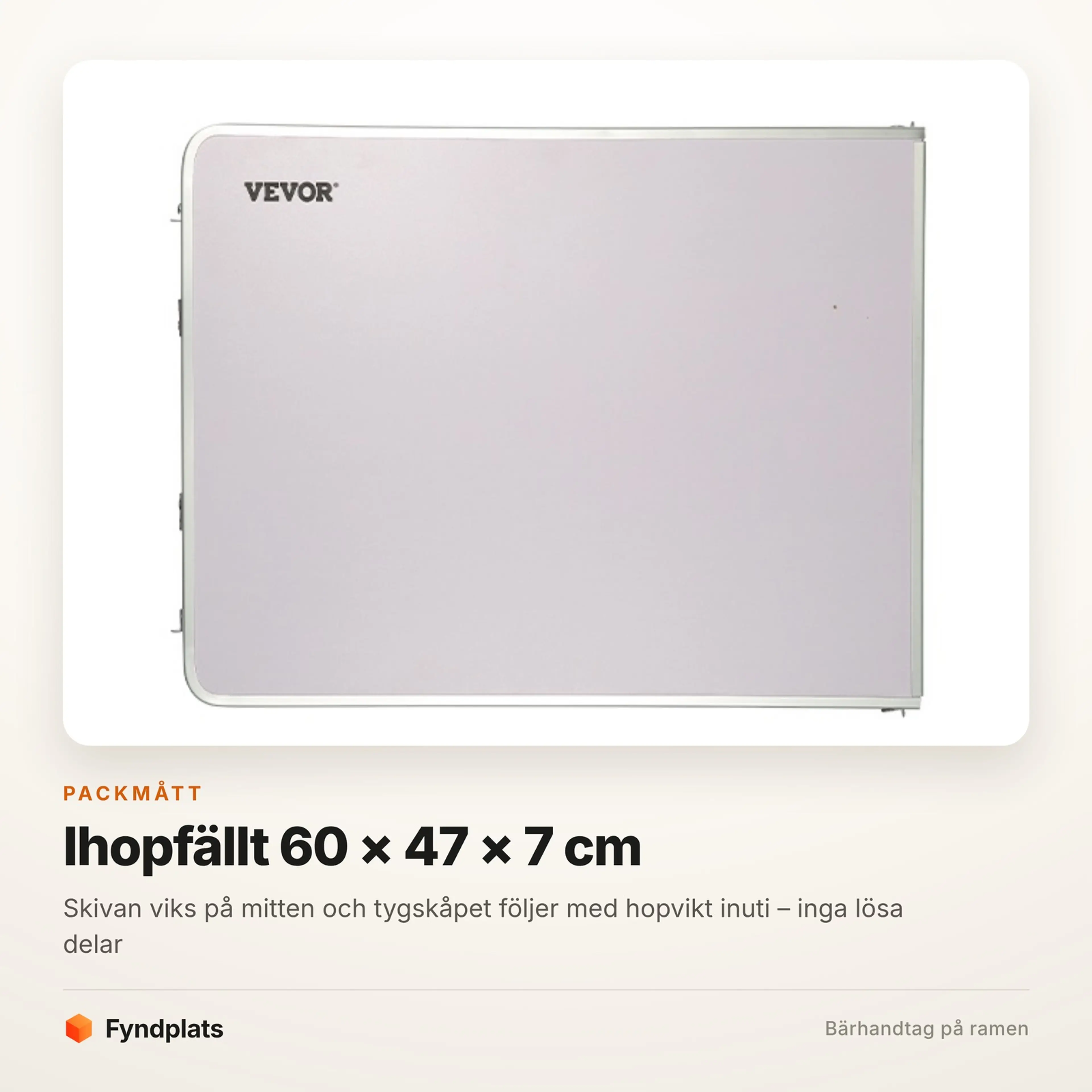 Campingbordet ihopfällt till en ljus platta på 60 × 47 × 7 cm med bärhandtag
