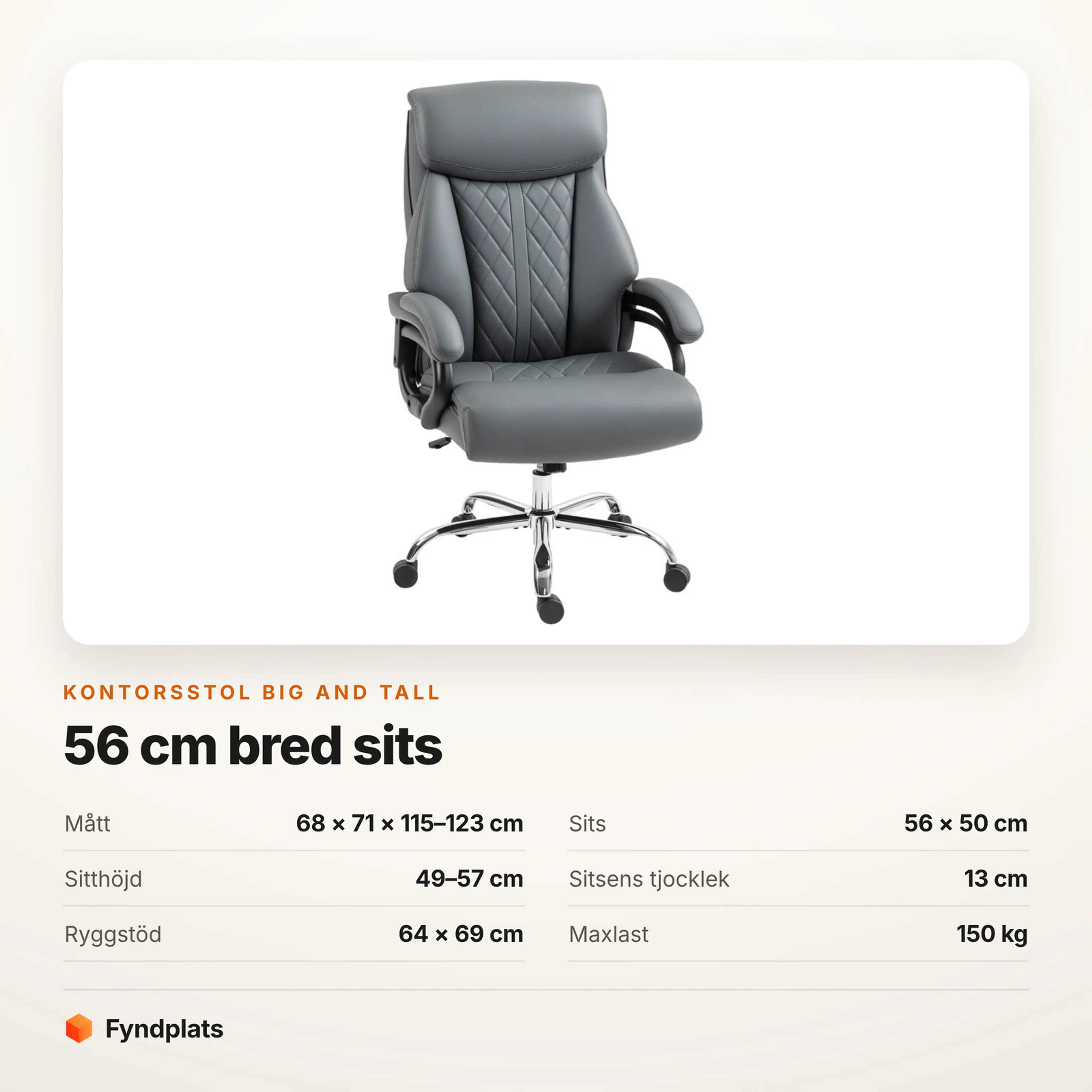 Faktakort: kontorsstol med bred sits, mått och maxlast