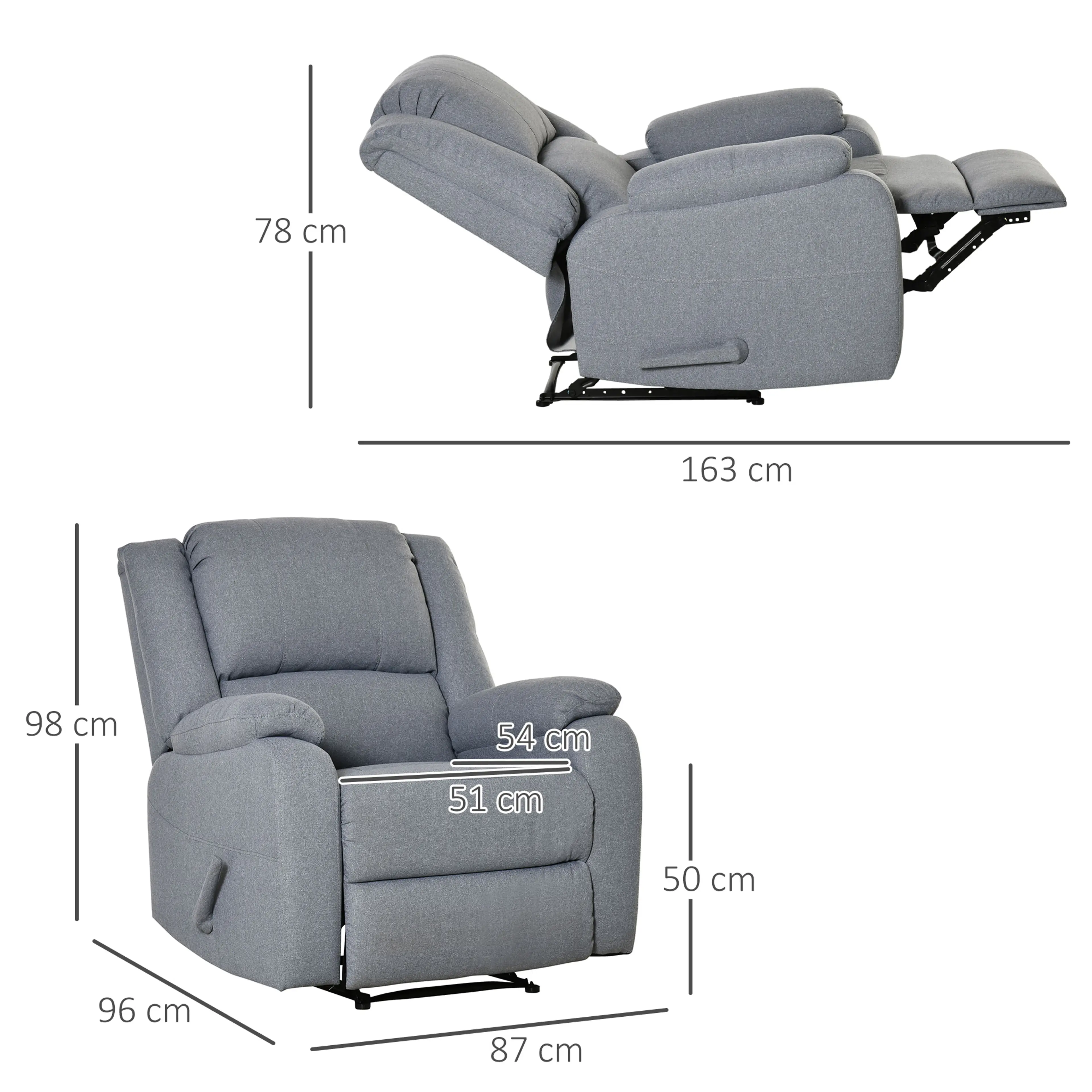 Reclinerfåtölj i grå linnelook, måttskiss med mått i centimeter upprätt och utfälld