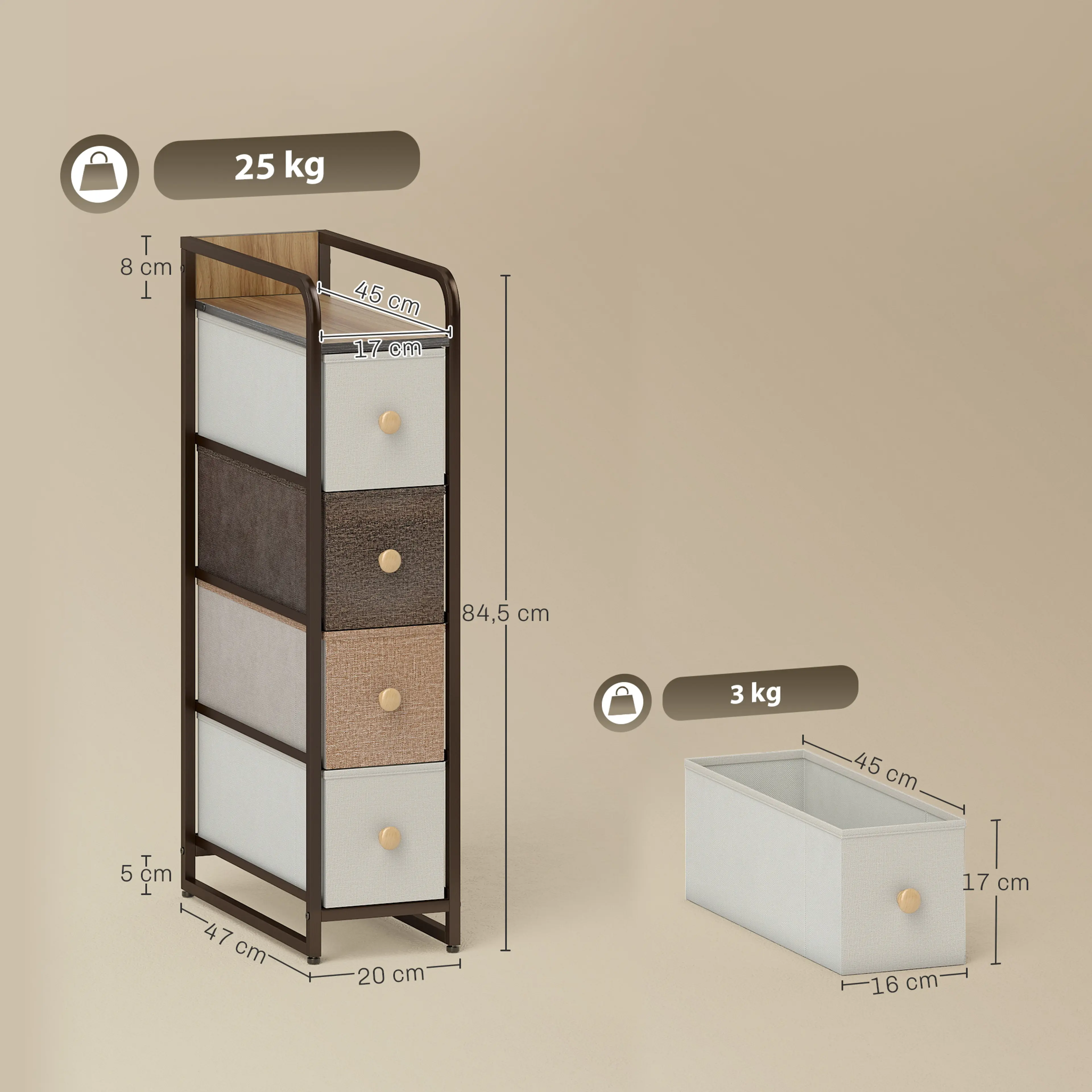 Måttritning: 20 × 47 × 84,5 cm, skiva 45 × 17,5 cm med räcke 8 cm, låda 16 × 45 × 17 cm, 25 kg totalt och 3 kg per låda