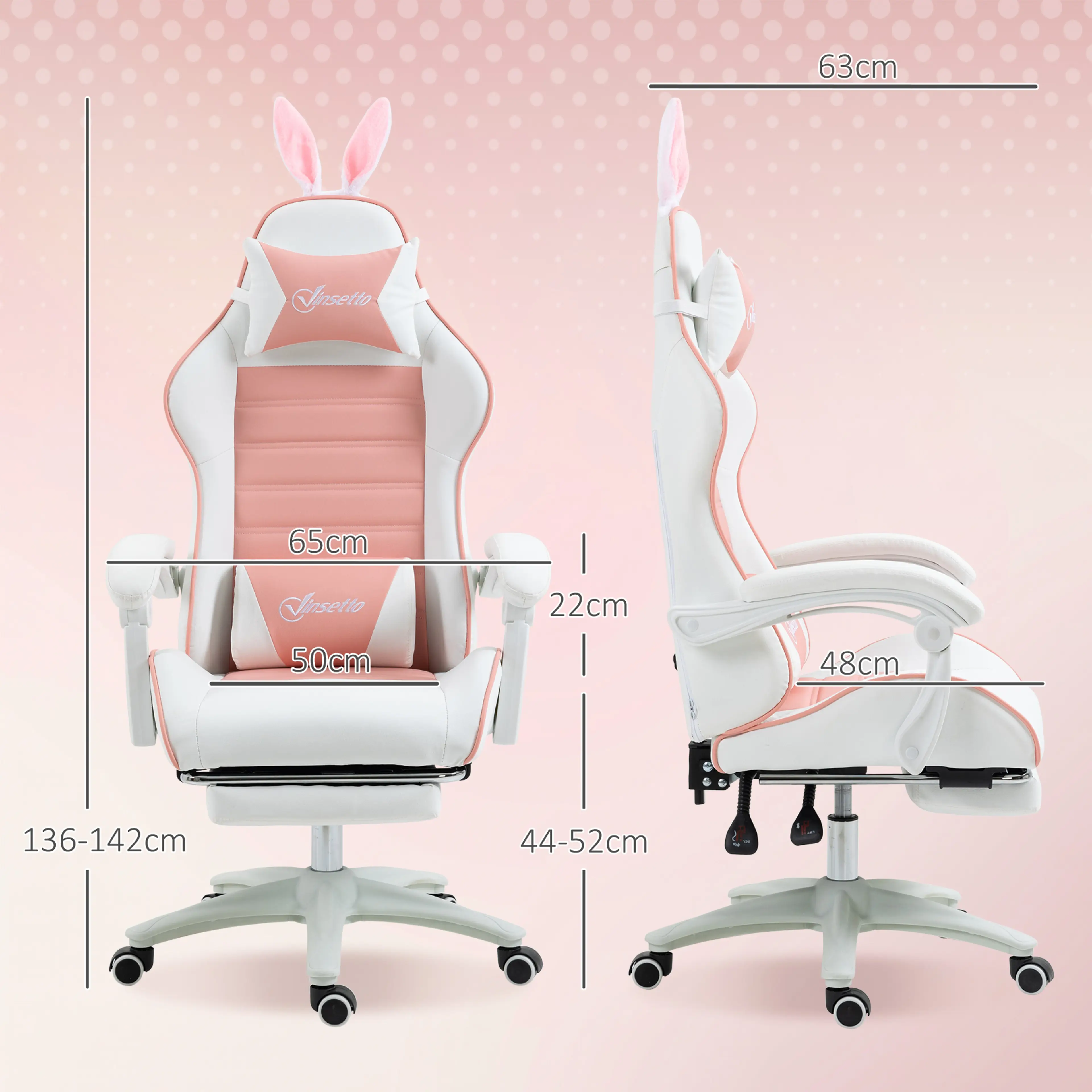 Måttritning för stolen: 63 cm bred, 136–142 cm hög och sitthöjd 44–52 cm