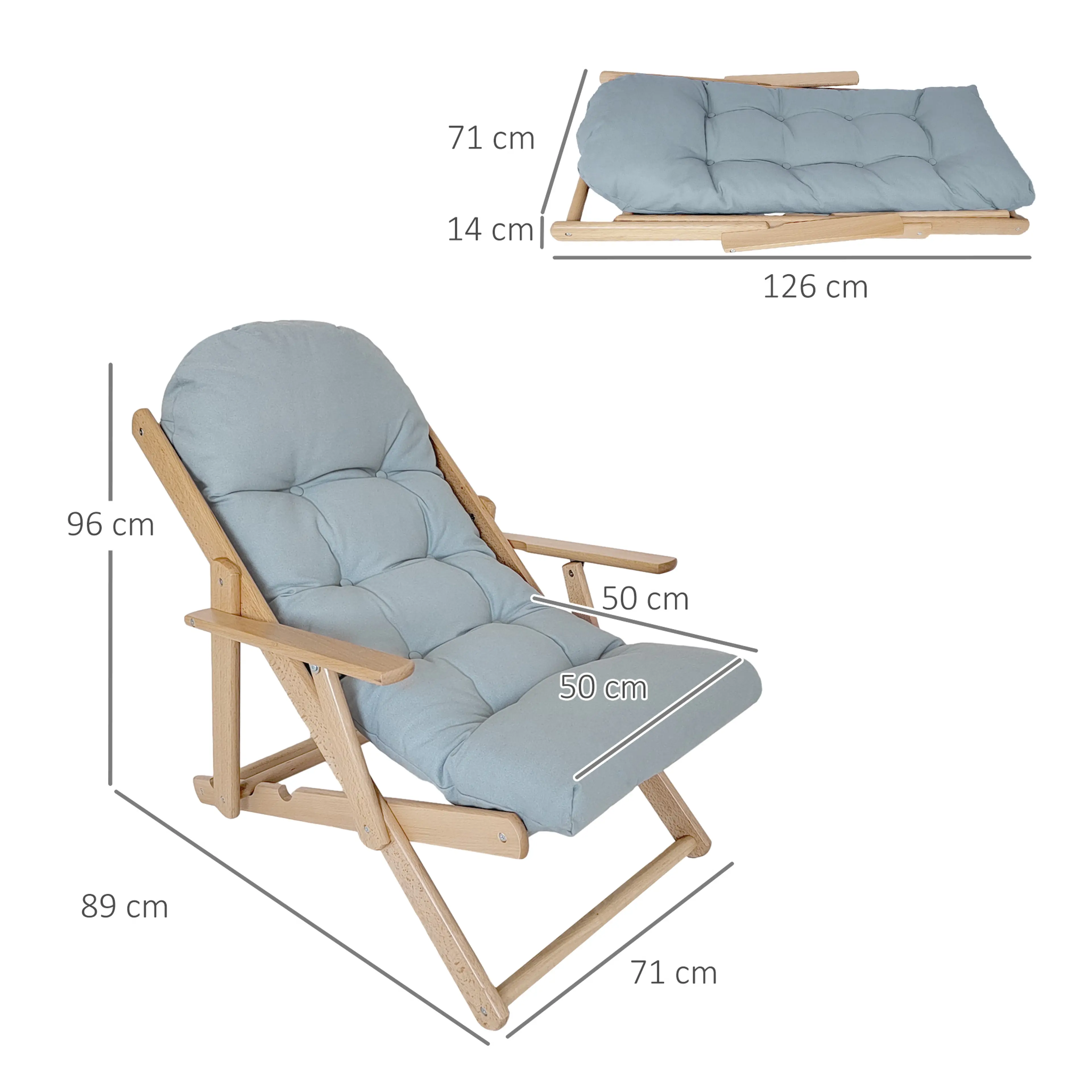 Måttskiss: 71 × 89 × 96 cm upprätt, sittyta 50 × 50 cm och 71 × 14 × 126 cm hopfälld