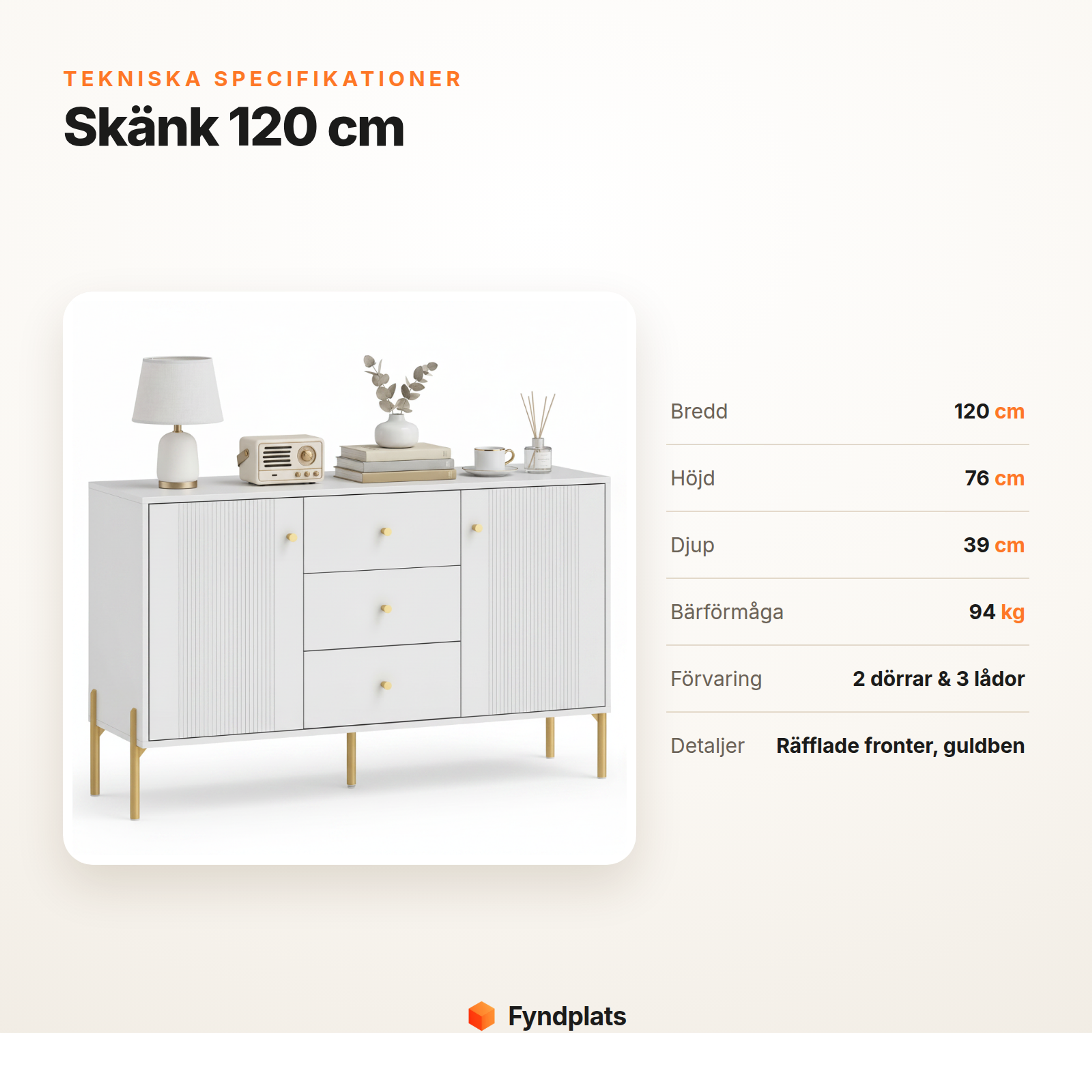 Fyndplats-kort: tekniska specifikationer för skänk 120 cm
