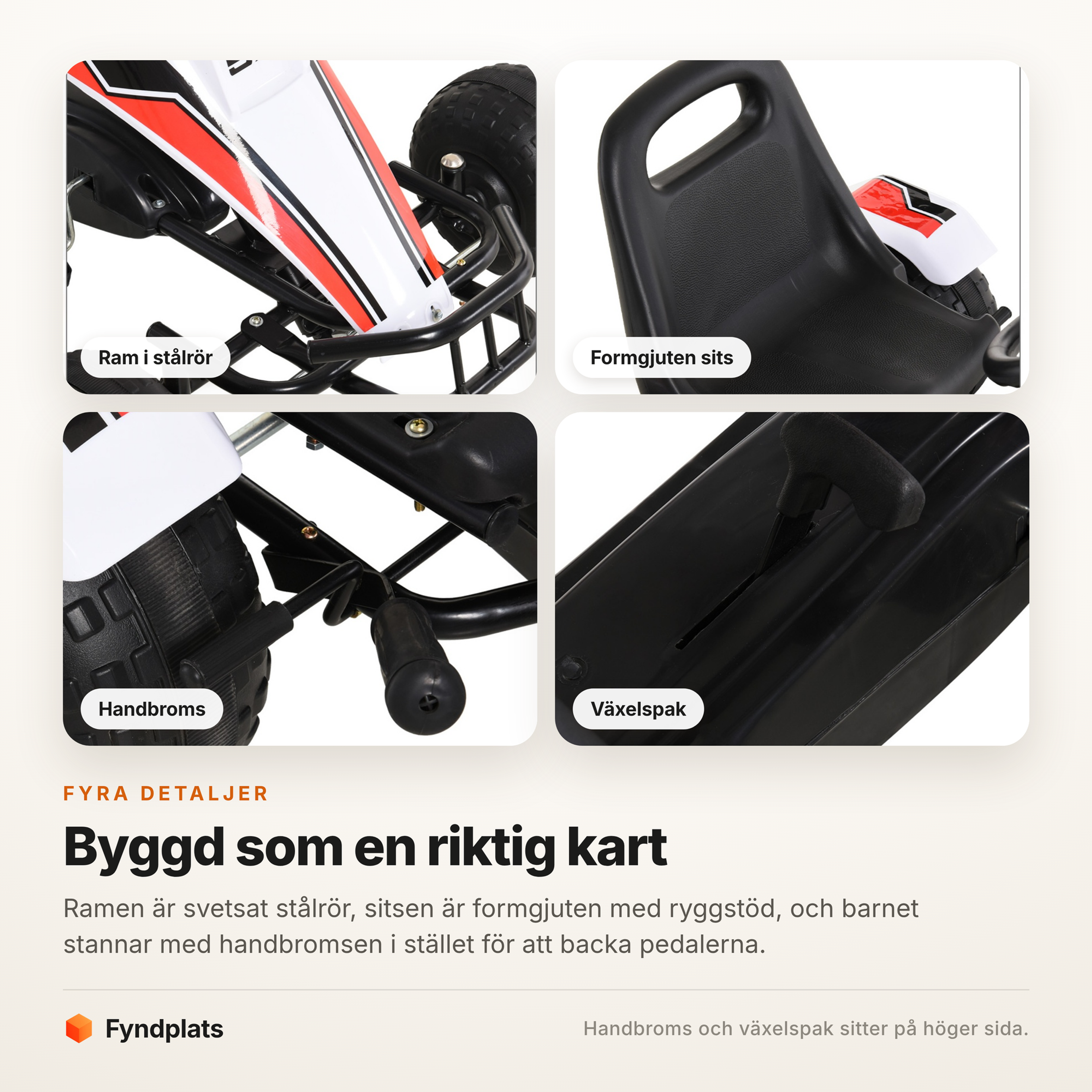 Närbilder på stålram, formgjuten sits, handbroms och växelspak