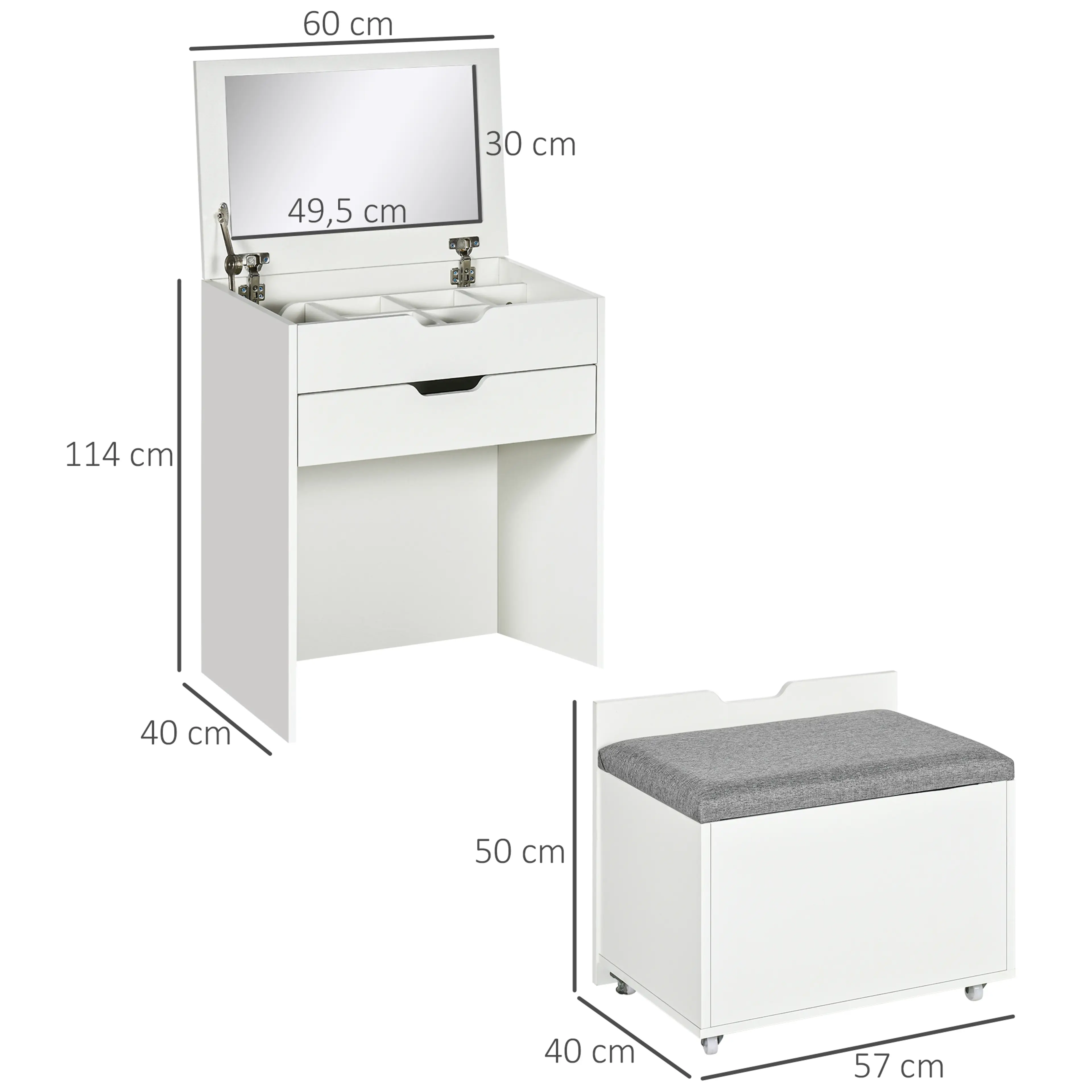Måttskiss: sminkbord 60 × 40 × 114 cm, spegel 49,5 × 30 cm och pall 57 × 40 × 50 cm