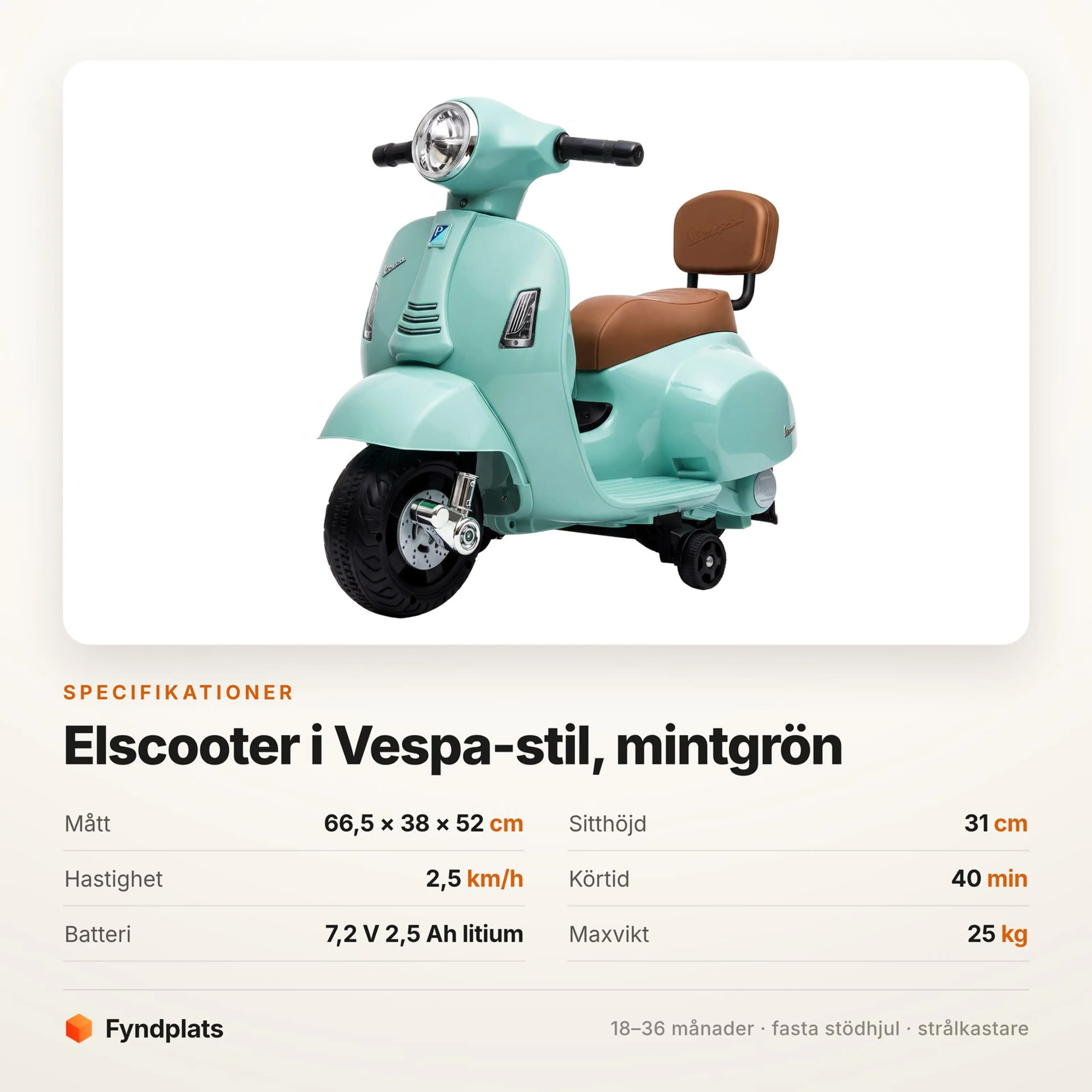 Vespa GTS elscooter för barn 6 V, mintgrön — 18–36 månader – bild 3