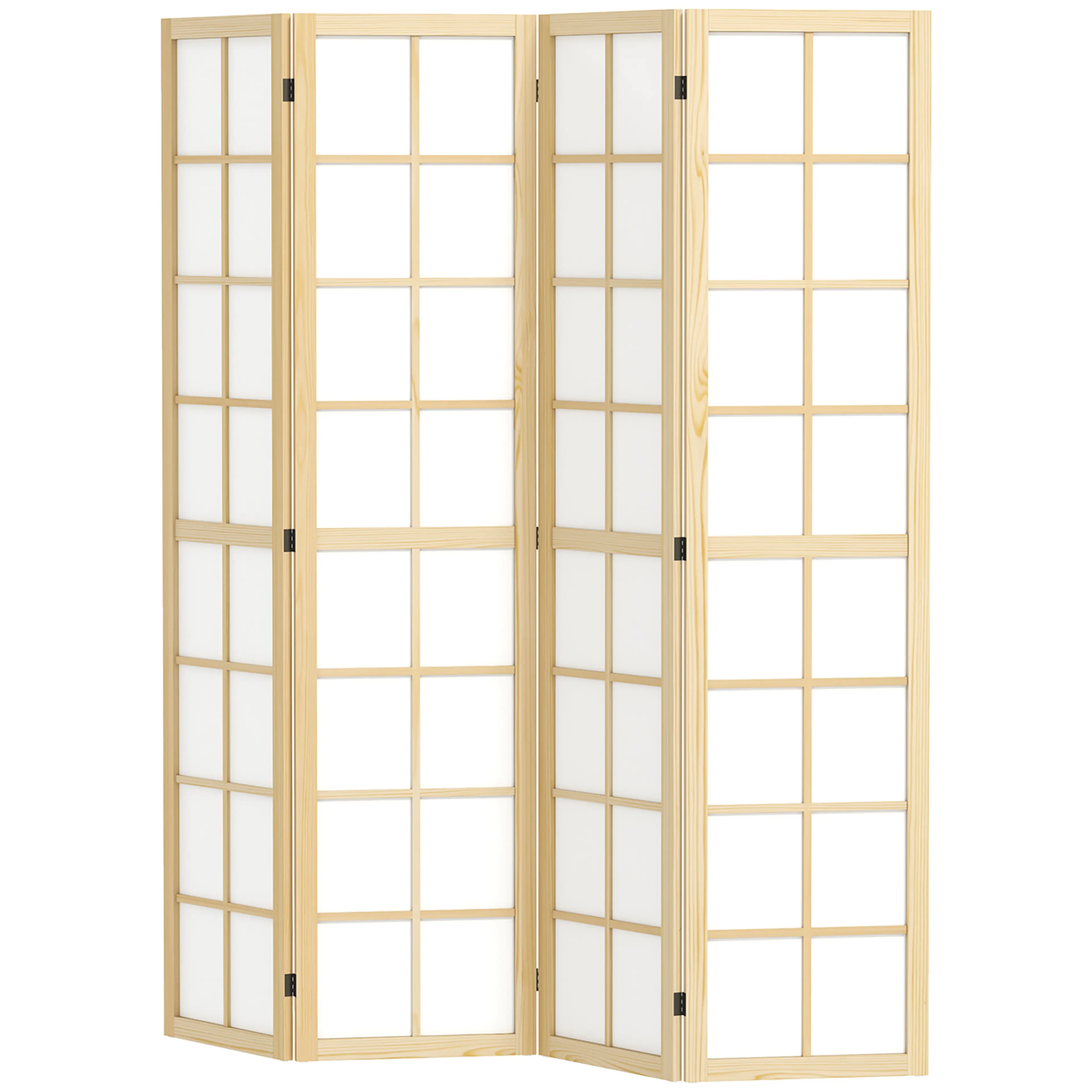 Rumsavdelare 160 × 170 cm – 4 paneler med fururam och vit tygfyllning