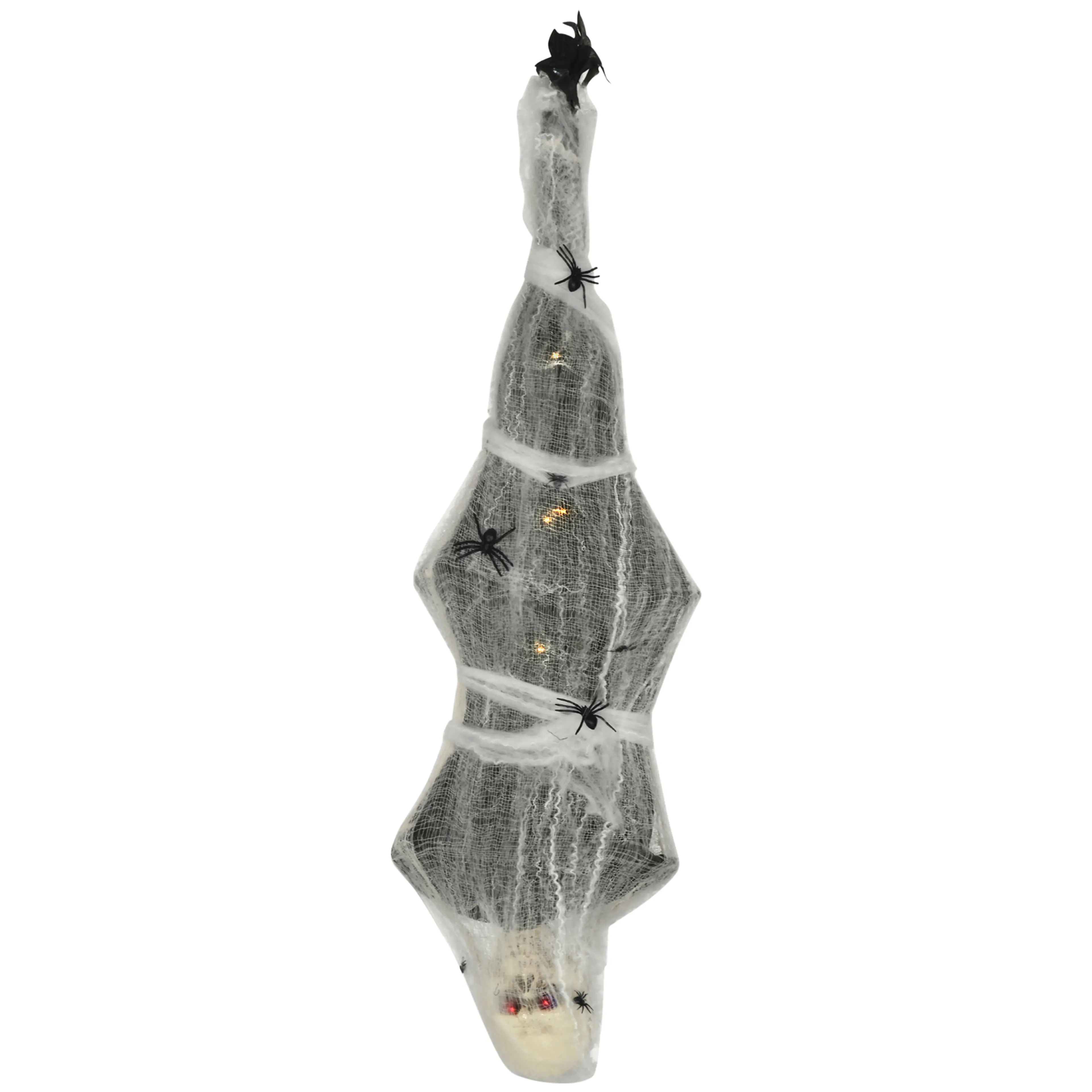 Hängande halloweenmumie 142 cm – röda ögon, ljud och spindlar
