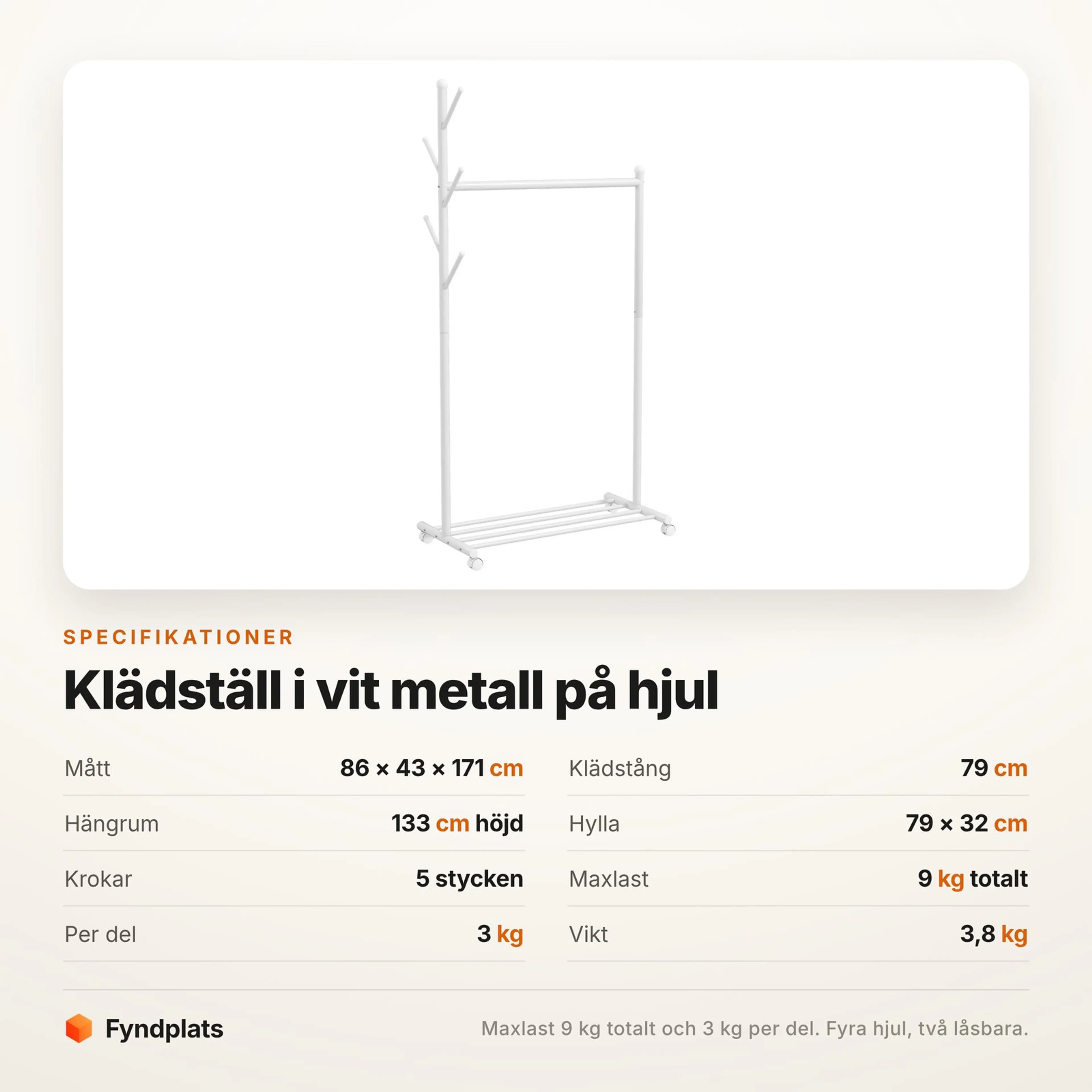 Fyndplats specifikationskort med klädställets mått, hängrum och maxlast