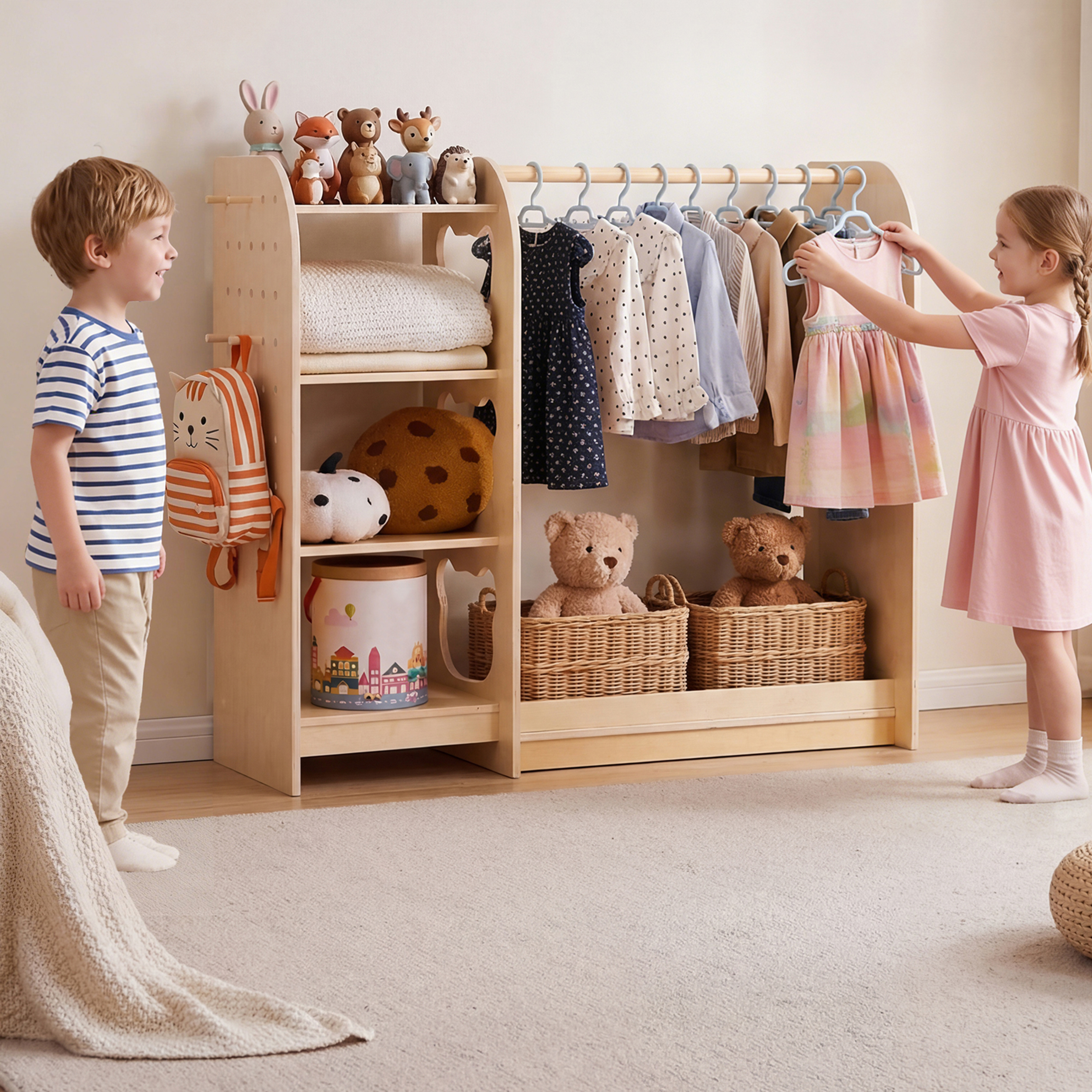 Klädställning för barn i trä med spegel – Montessori utklädningsgarderob, 120 cm