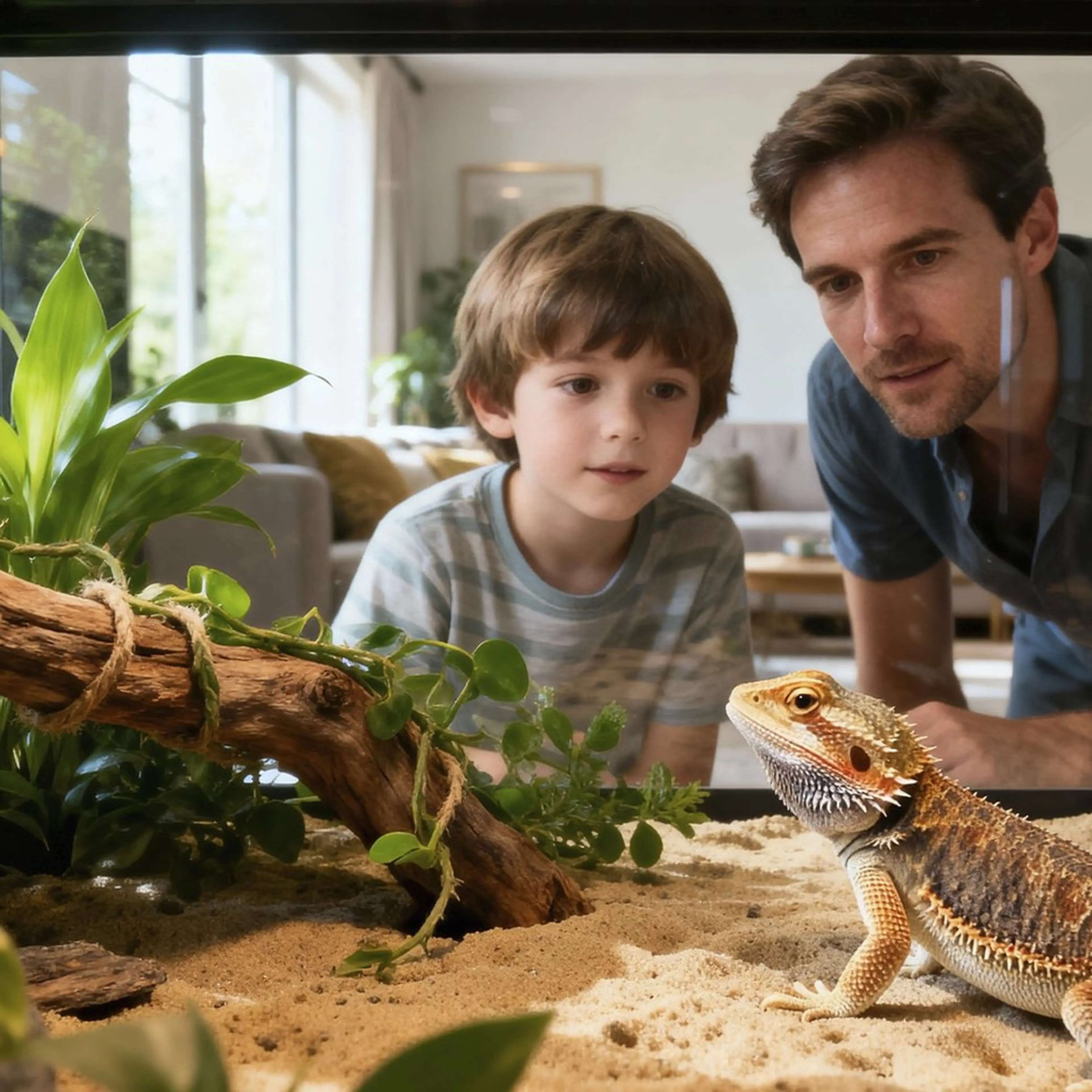Skäggagam i terrariet medan ett barn och en vuxen tittar in genom glaset